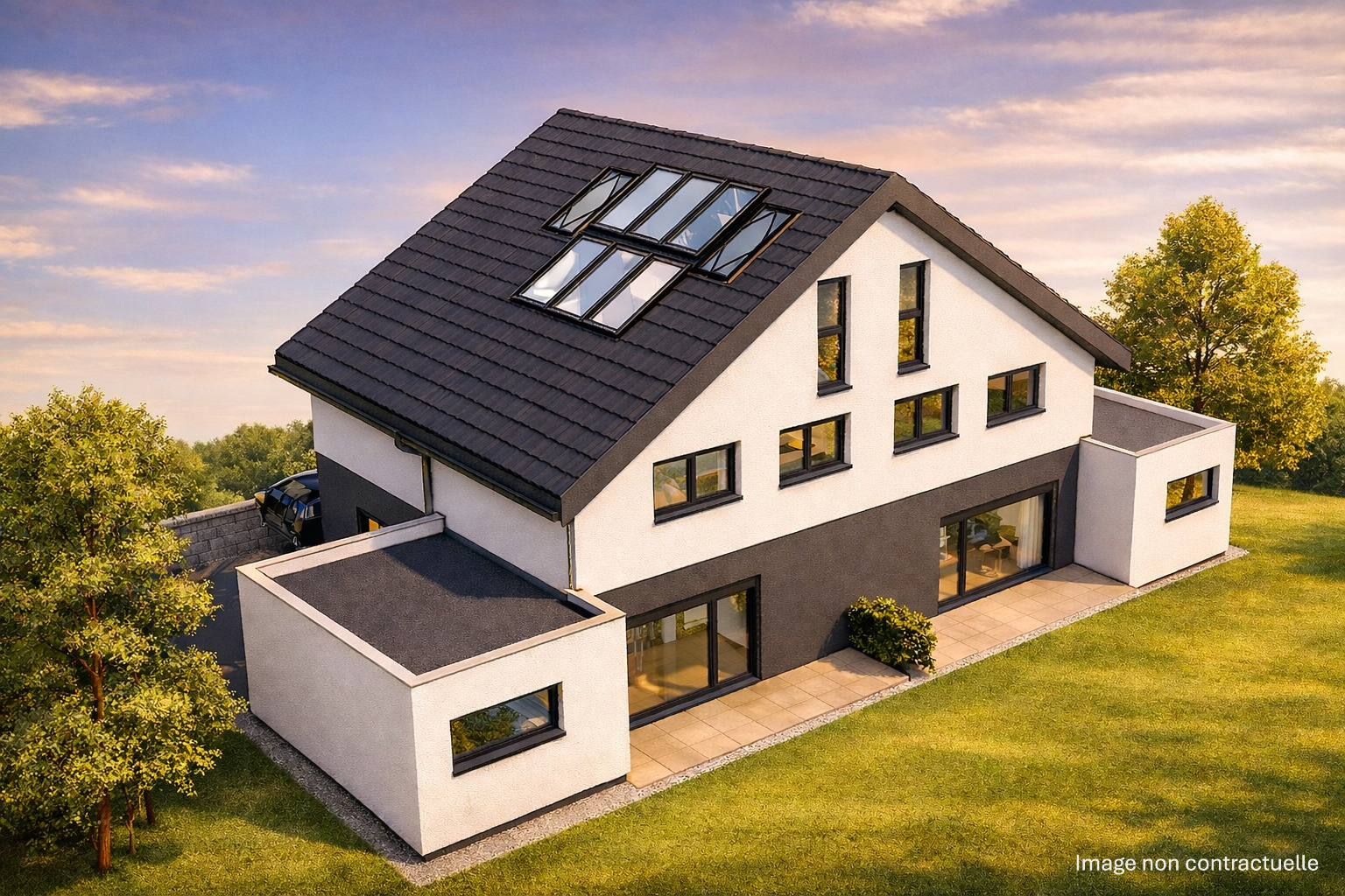 a 3d rendering of a modern home with a large lawn