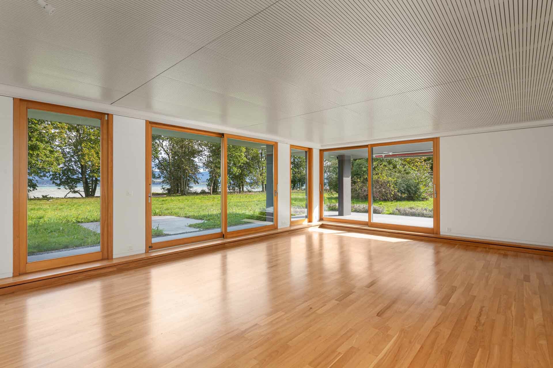 Salon avec vue lac et accès terrasse