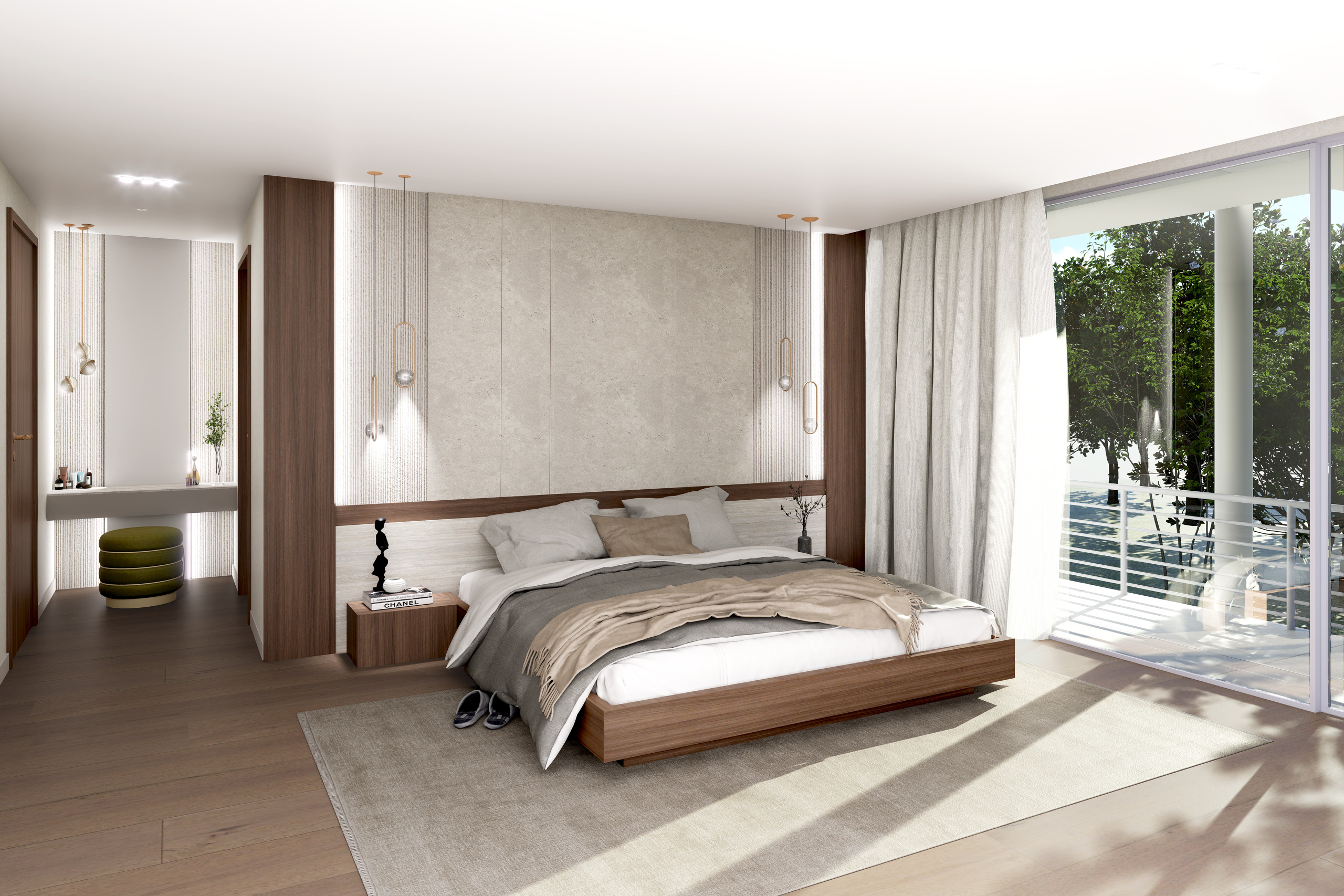 une chambre à coucher moderne avec un grand lit et des portes coulissantes en verre qui mènent à un balcon