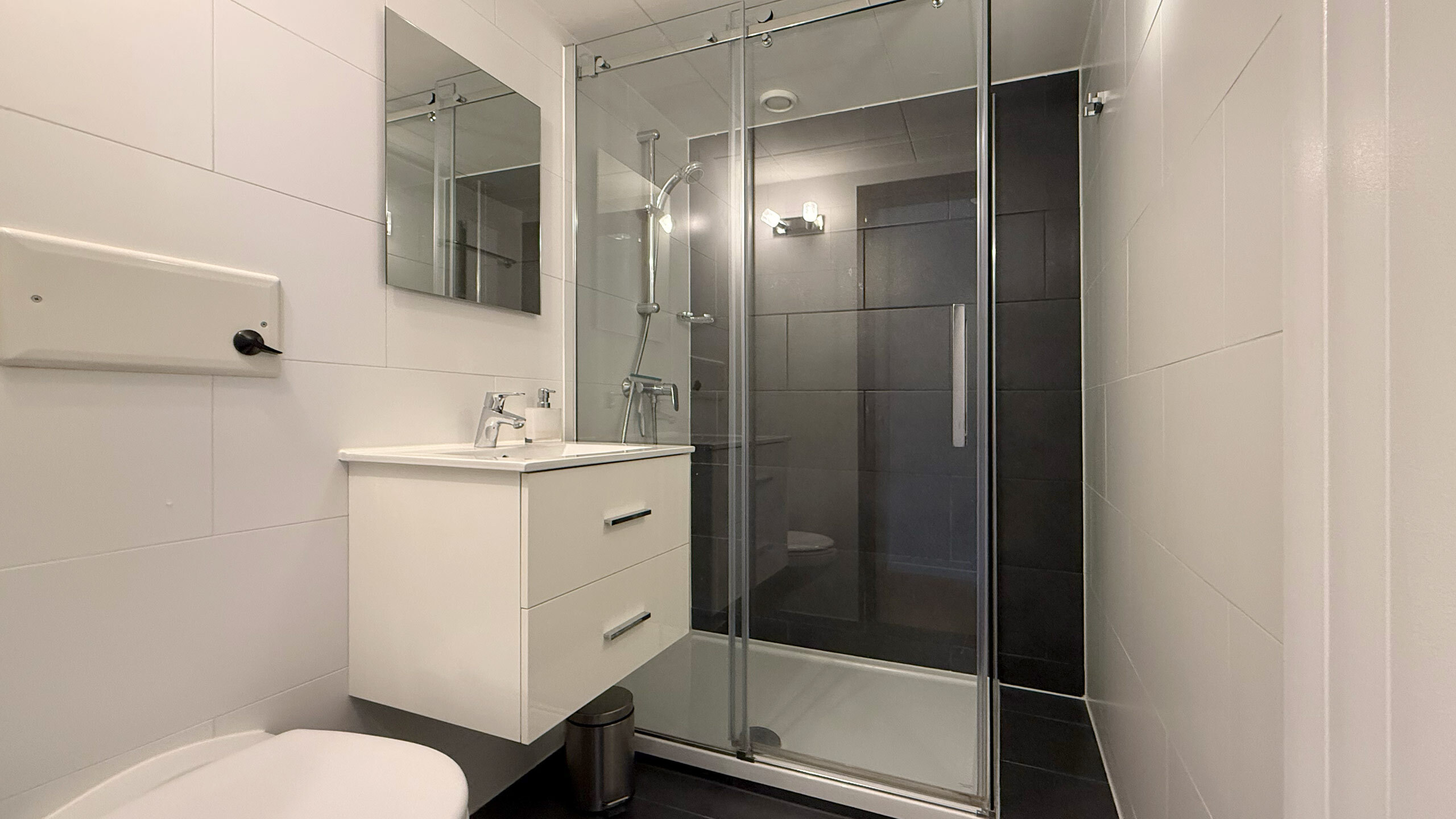 Salle de douche en suite, avec WC et lavabo