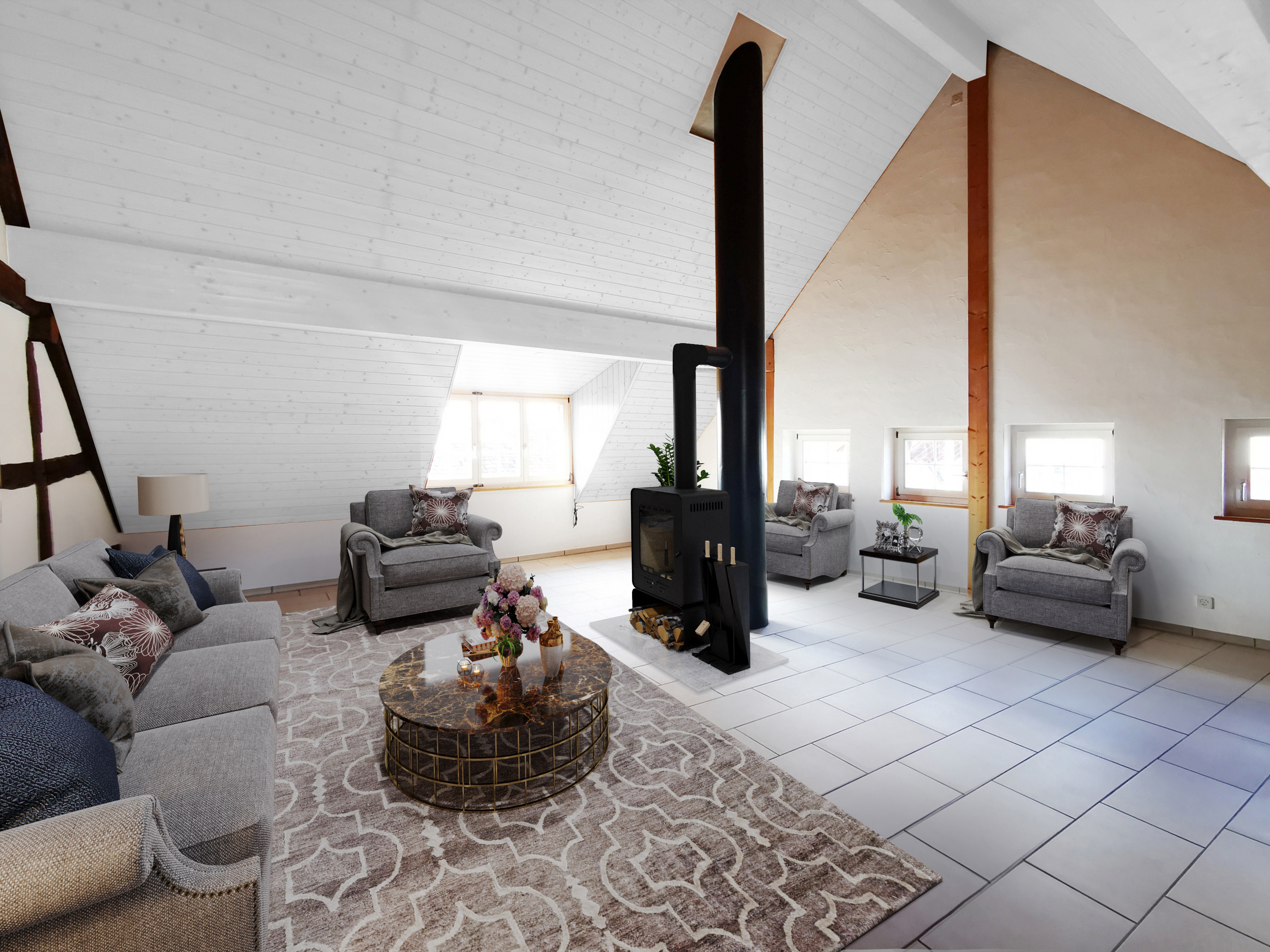 Gestaltungs- und Möblierungsidee, Wohnbereich im Dachgeschoss Gestaltungs- und Möblierungsidee, Wohnbereich im Dachgeschoss