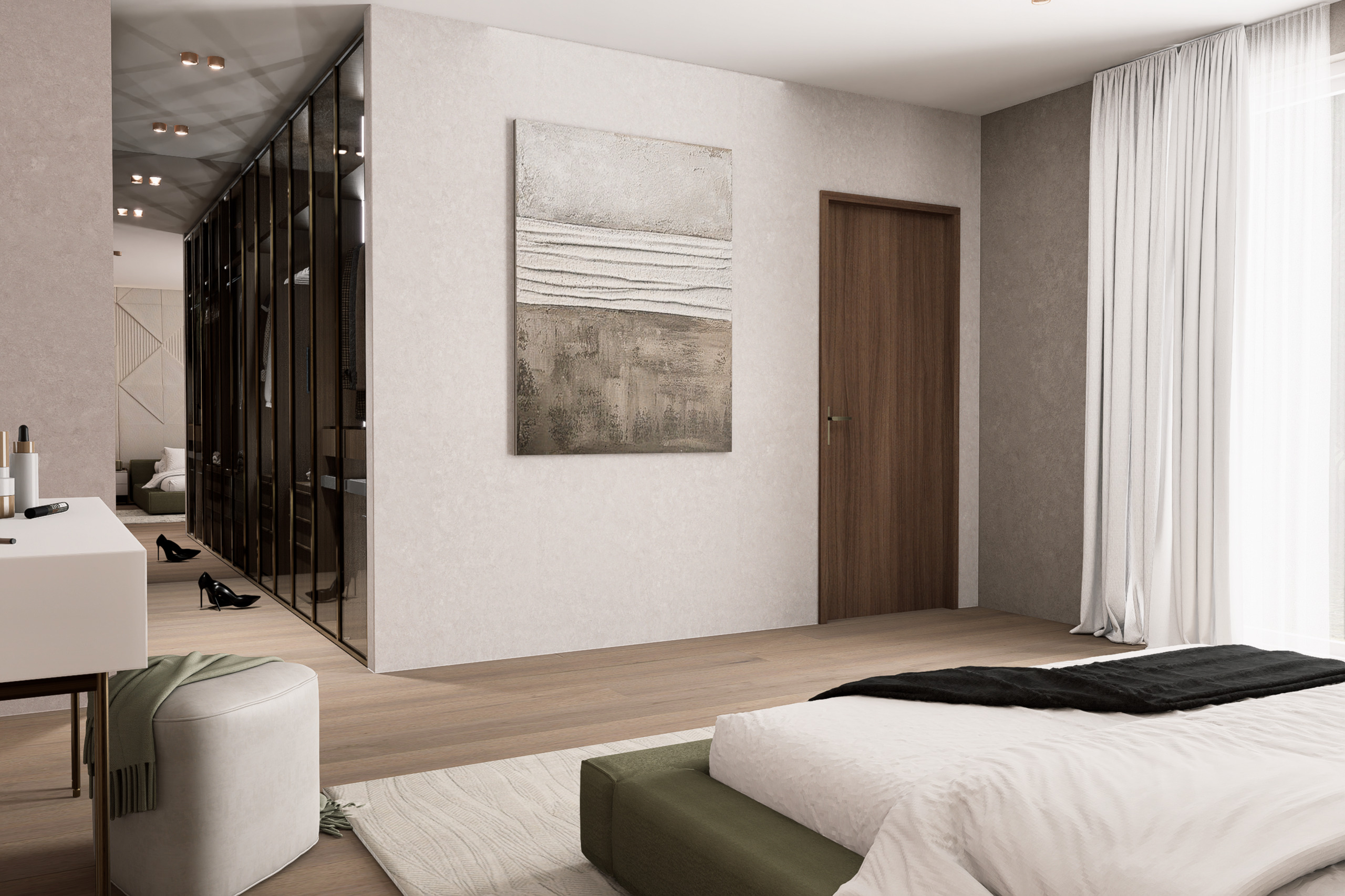 une chambre à coucher moderne avec des murs blancs et un grand tableau au mur