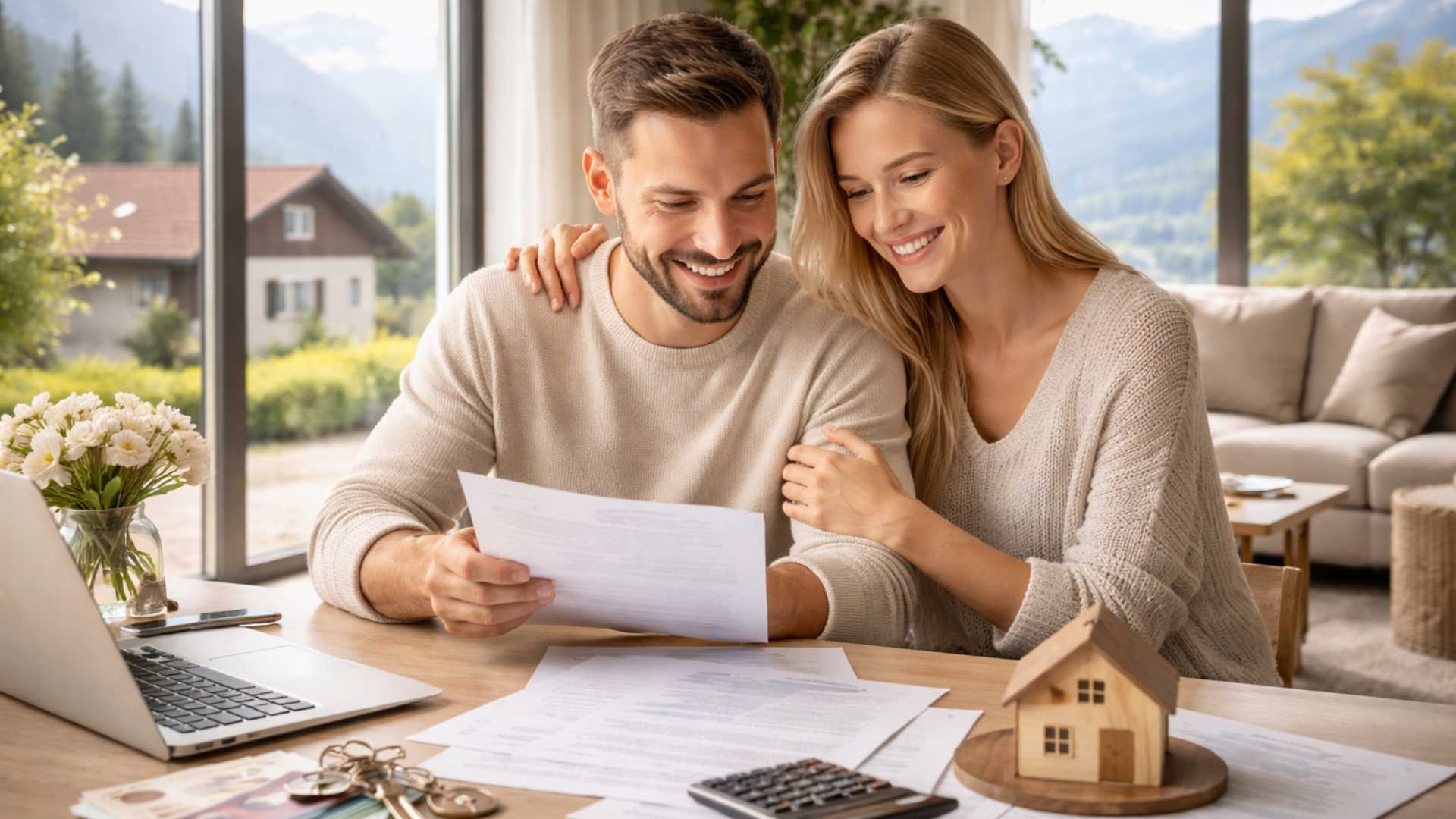 Una coppia sorridente esamina documenti immobiliari su un tavolo, circondata da un computer portatile, una calcolatrice e un modellino di casa, in un soggiorno luminoso con vista sulle Alpi svizzere.