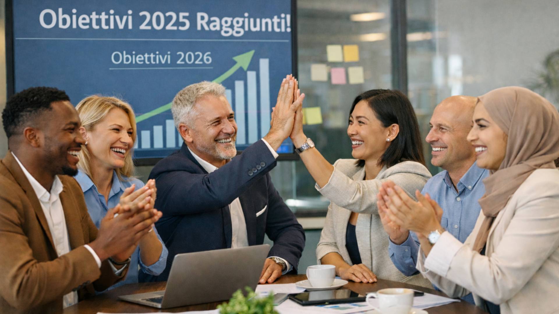 Team professionale che celebra un bilancio immobiliare 2025 di successo e gli obiettivi 2026 attorno a un grafico di crescita, che illustra le prestazioni e lo sviluppo di un portale immobiliare in Svizzera.
