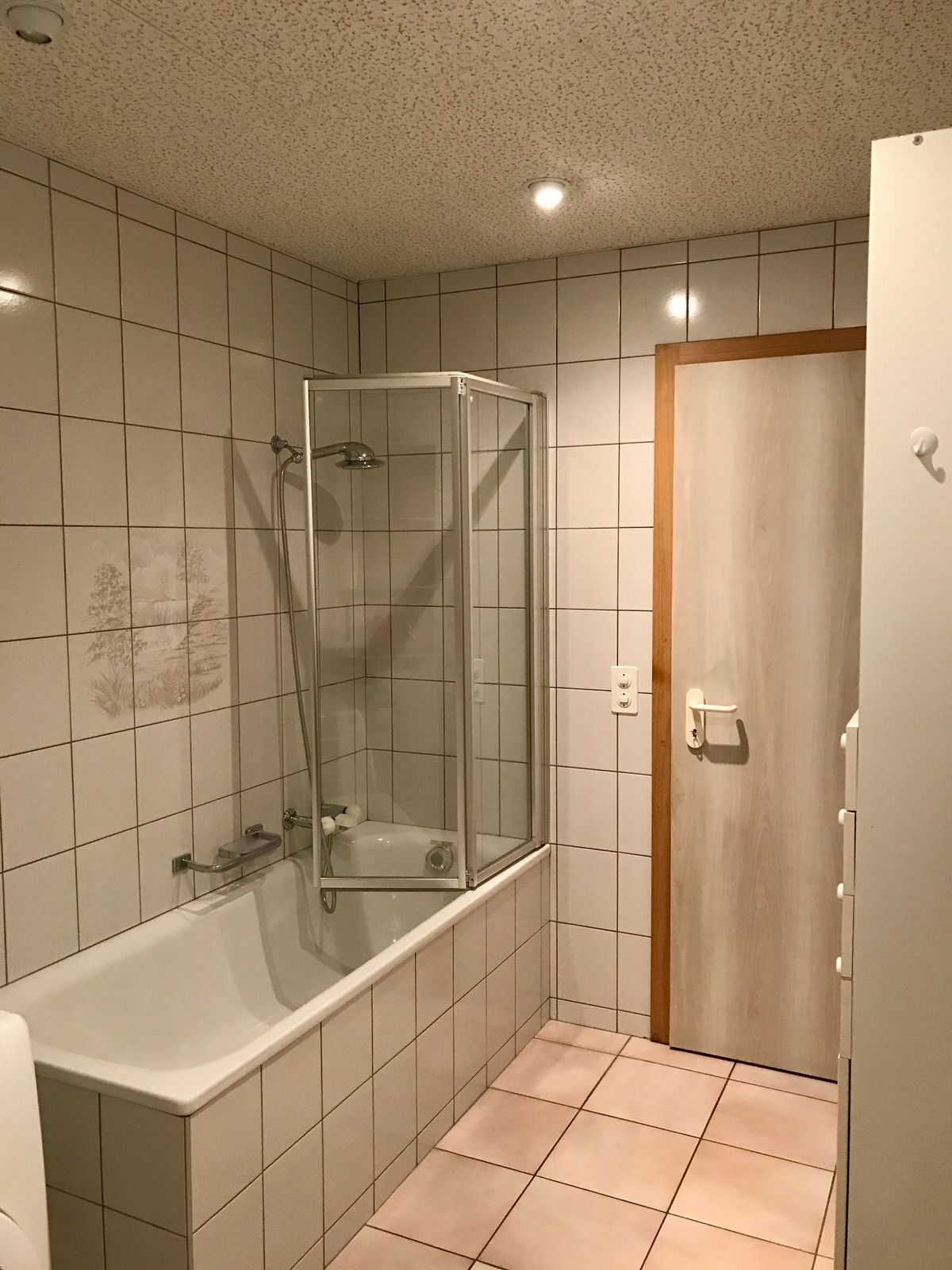 Salle de bain avec baignoire et paroi vitrée.