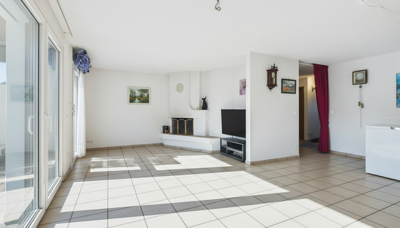 Wohnbereich mit Cheminée (Möblierung mit KI entfernt)