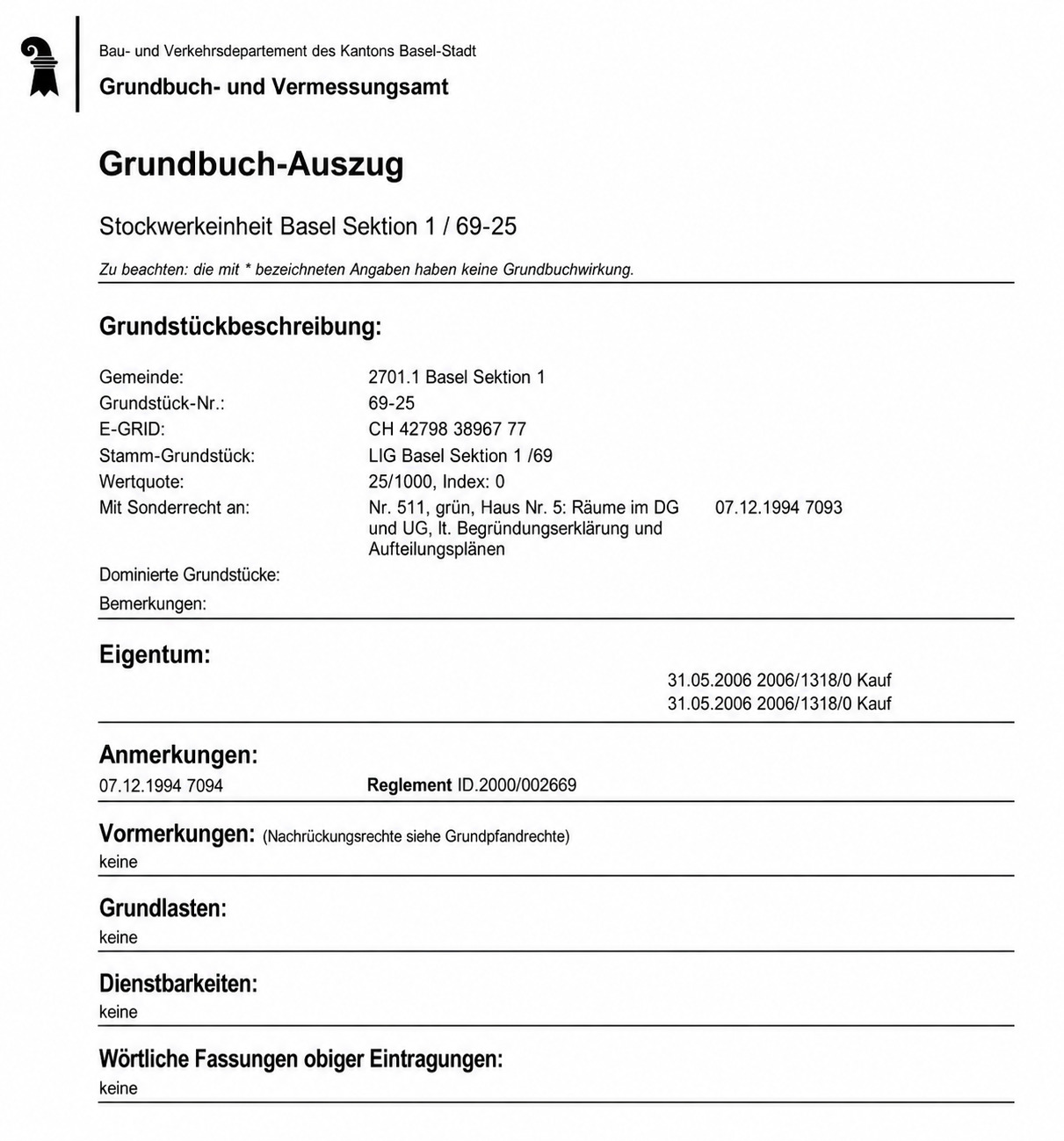 Grundbuchauszug Wohnung 511 Grundbuchauszug Wohnung 511
