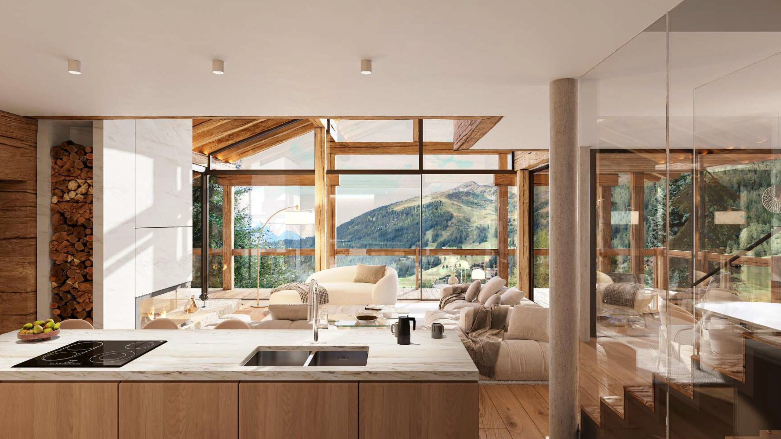 Vue intérieure cuisine ouverte et séjour – Chalet à vendre Cocoon - Verbier