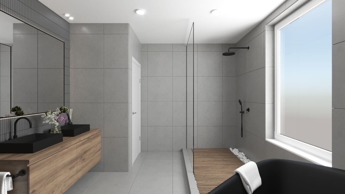 Modernes Badezimmer mit Doppelwaschbecken und Regendusche.