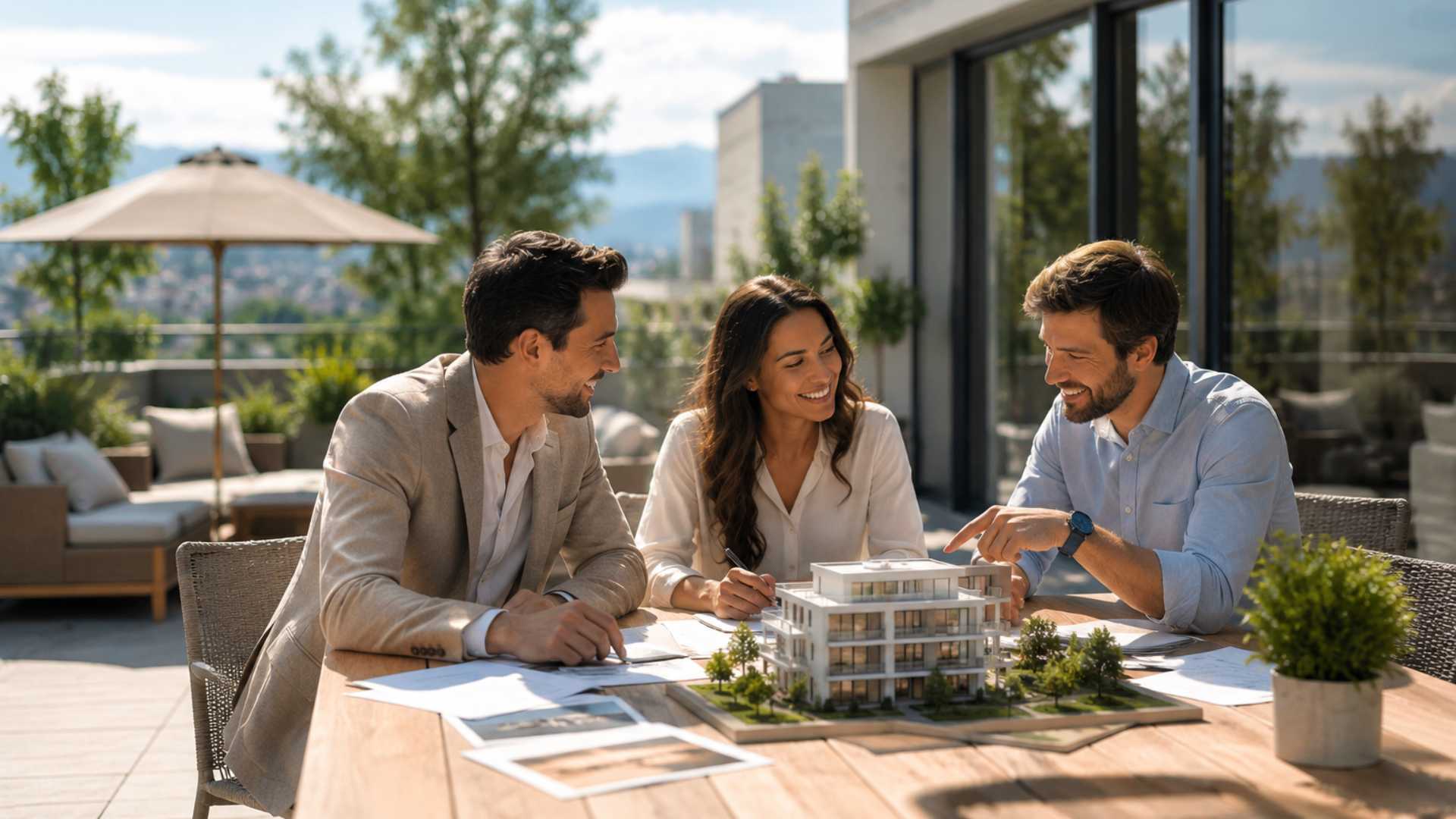 Trois personnes discutent d’un investissement immobilier via une société sur une terrasse ensoleillée avec une maquette de bâtiment moderne.