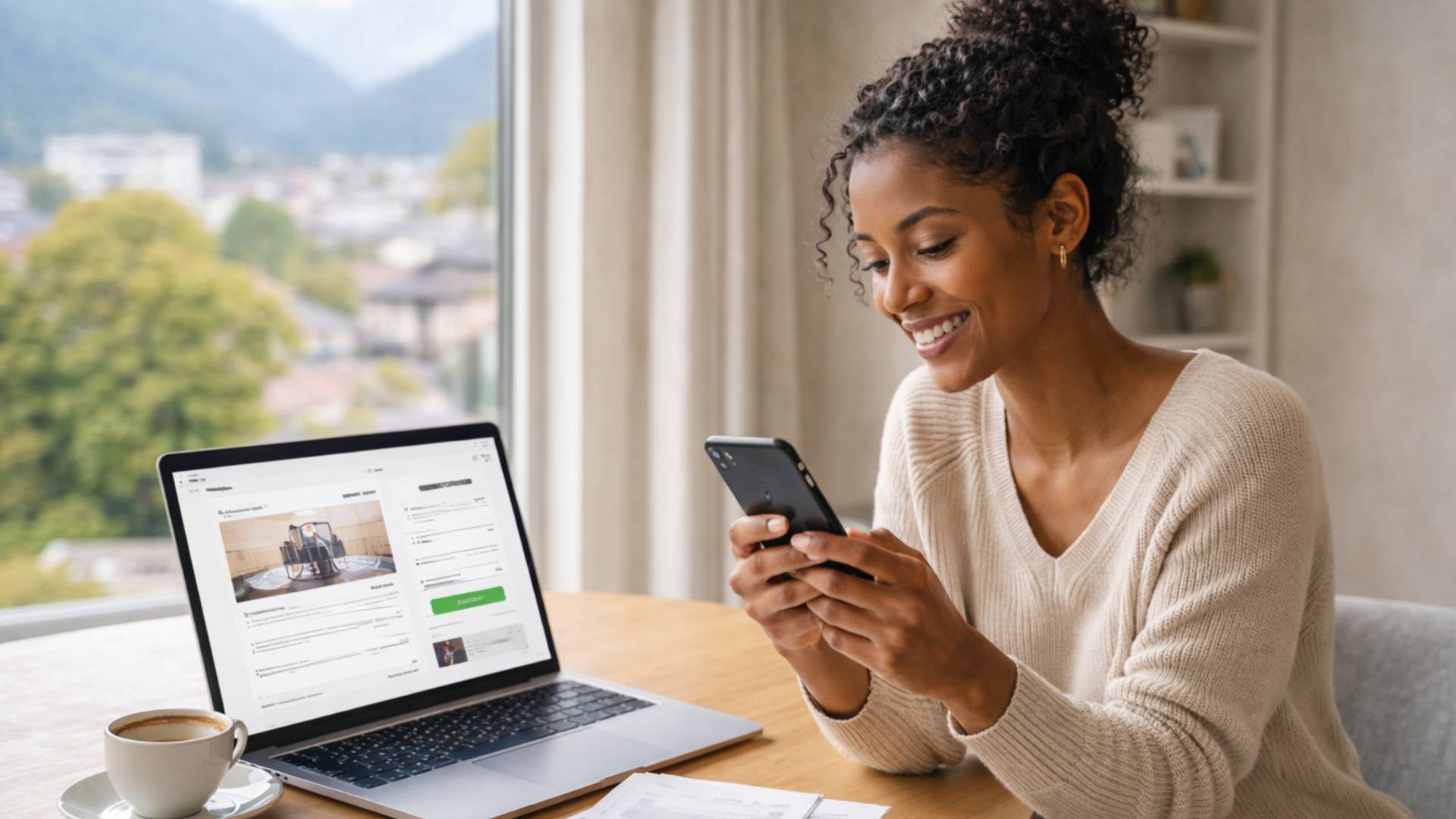 Jeune locataire utilisant son smartphone pour envoyer une candidature digitale pour un appartement via dreamo.ch, avec ordinateur portable affichant une interface moderne de postulation en ligne.
