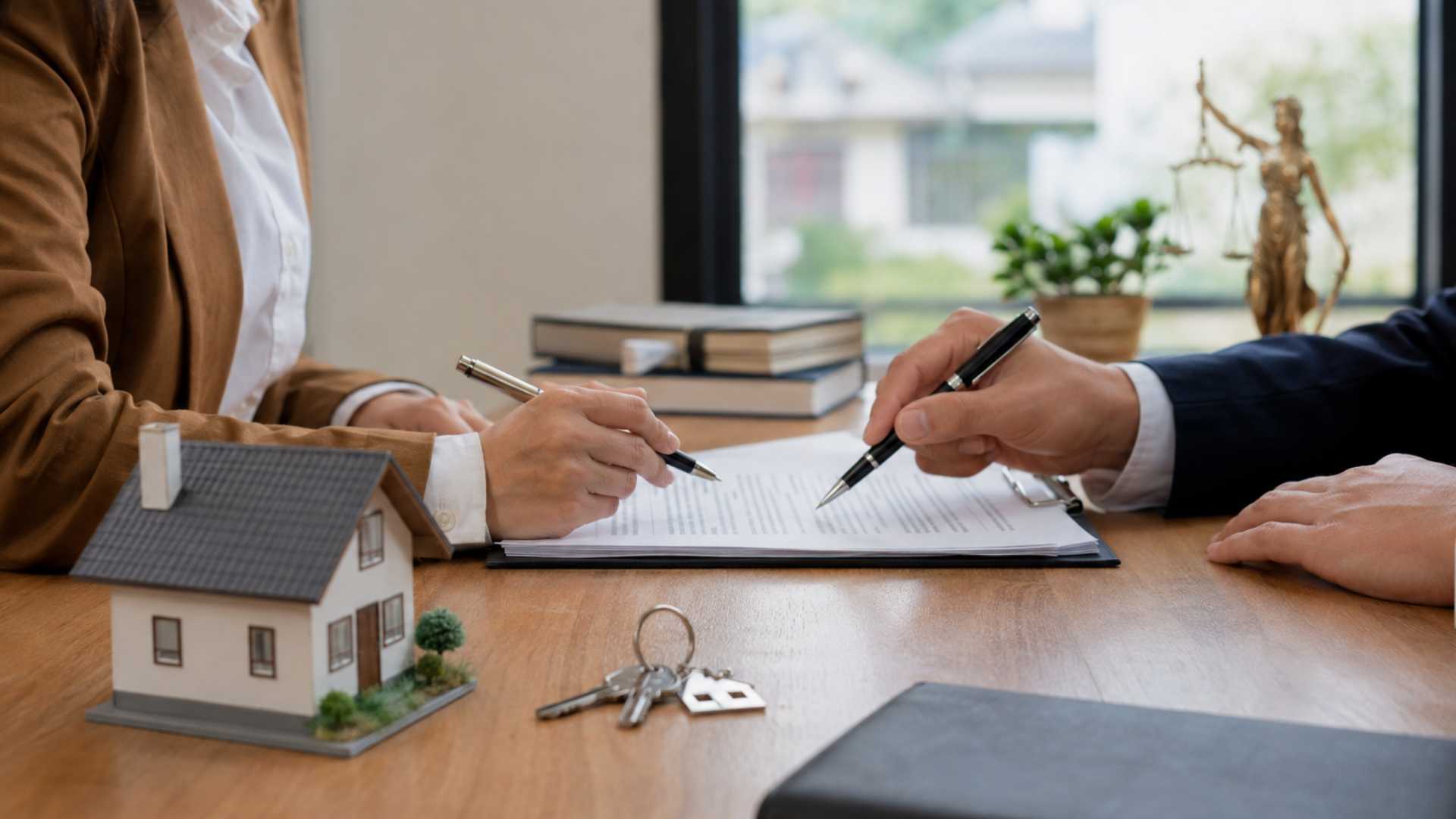 Signature d'un contrat de vente immobilière devant un notaire avec une maison miniature et des clés symbolisant les conditions suspensives.