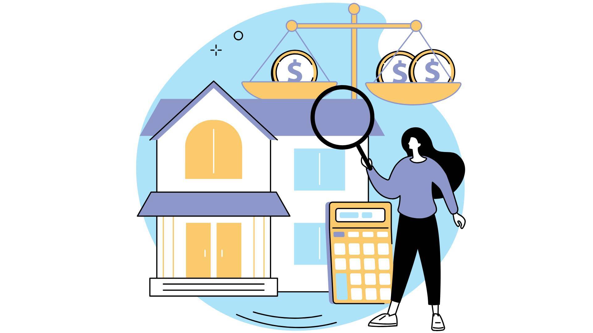 Una donna usa una lente d'ingrandimento e una calcolatrice per valutare una casa in seguito alla richiesta di trovare il miglior broker su dreamo.ch