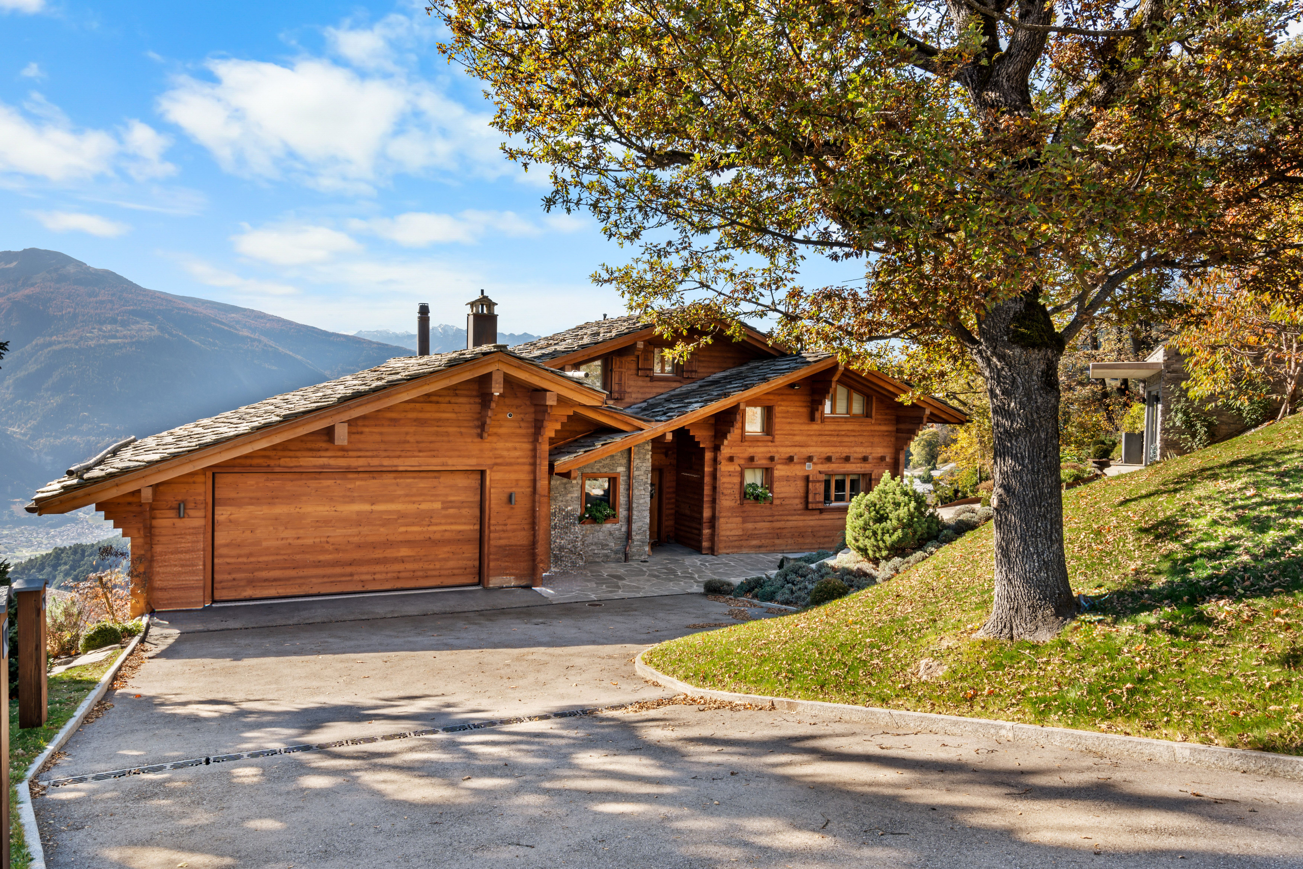 a wooden home with a driveway and trees