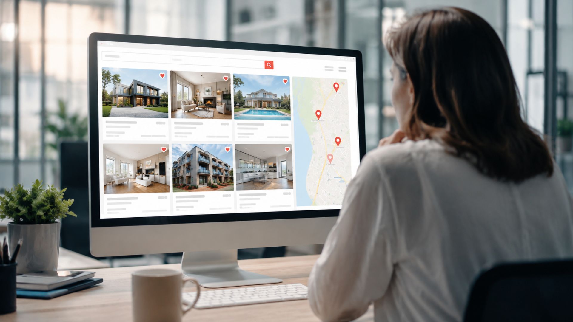 Internaute consultant des annonces immobilières en ligne et comparant les photos, les prix et les emplacements des biens.