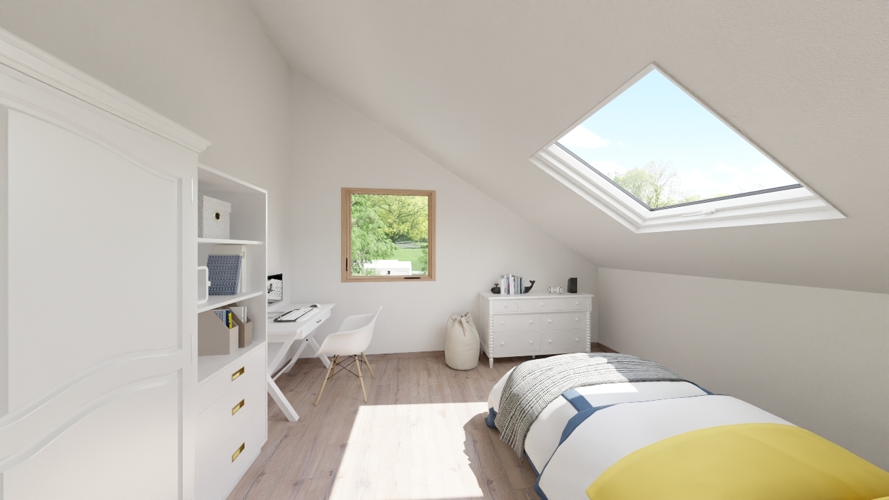 une petite chambre dans un grenier avec un lit, un bureau et une lucarne une petite chambre dans un grenier avec un lit, un bureau et une lucarne