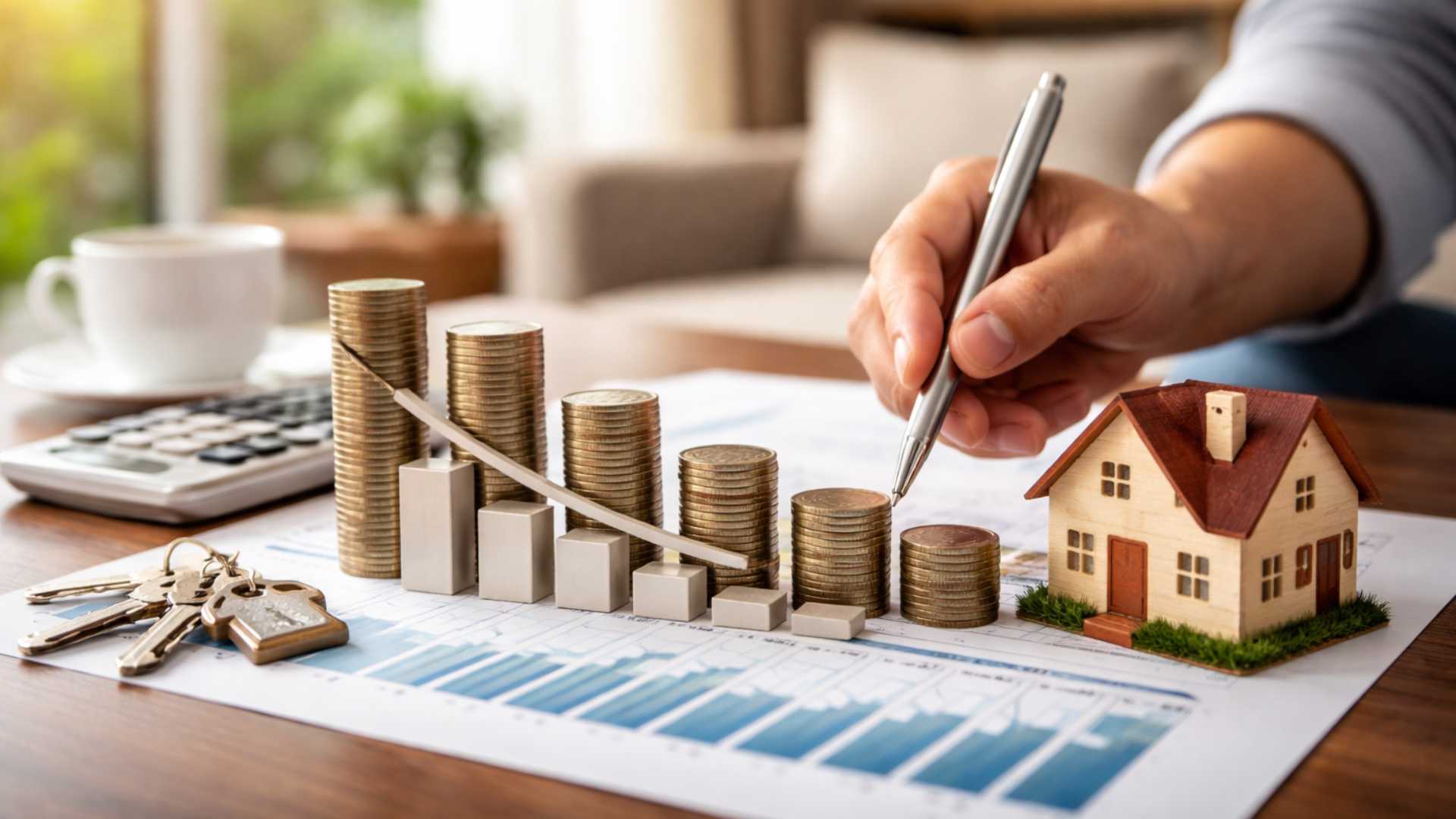 Une somme d’argent et une maison posées sur une table, avec une main à proximité.