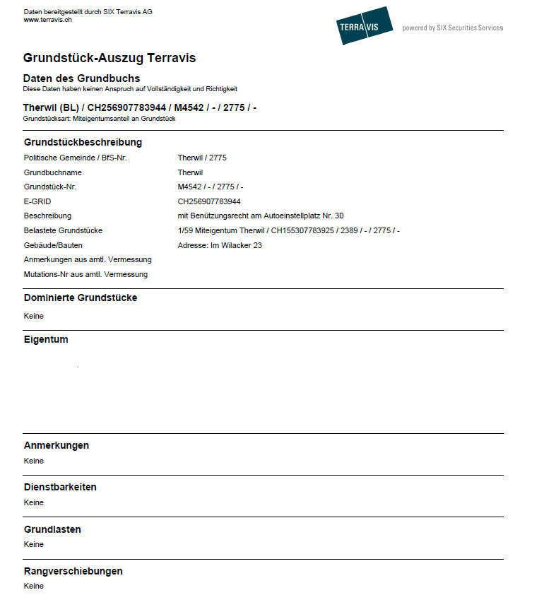 Grundbuchauszug Autoeinstellhallenplatz