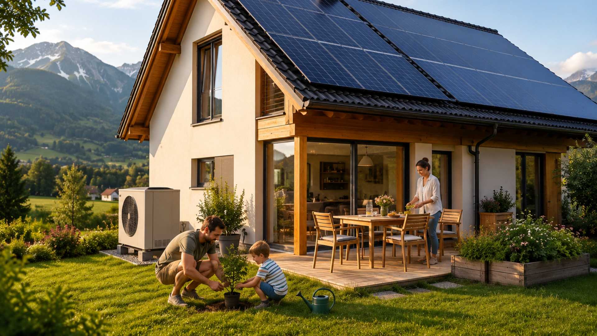 Une famille devant une maison rénovée avec panneaux solaires, illustrant la rénovation énergétique et l'achat immobilier en Suisse.