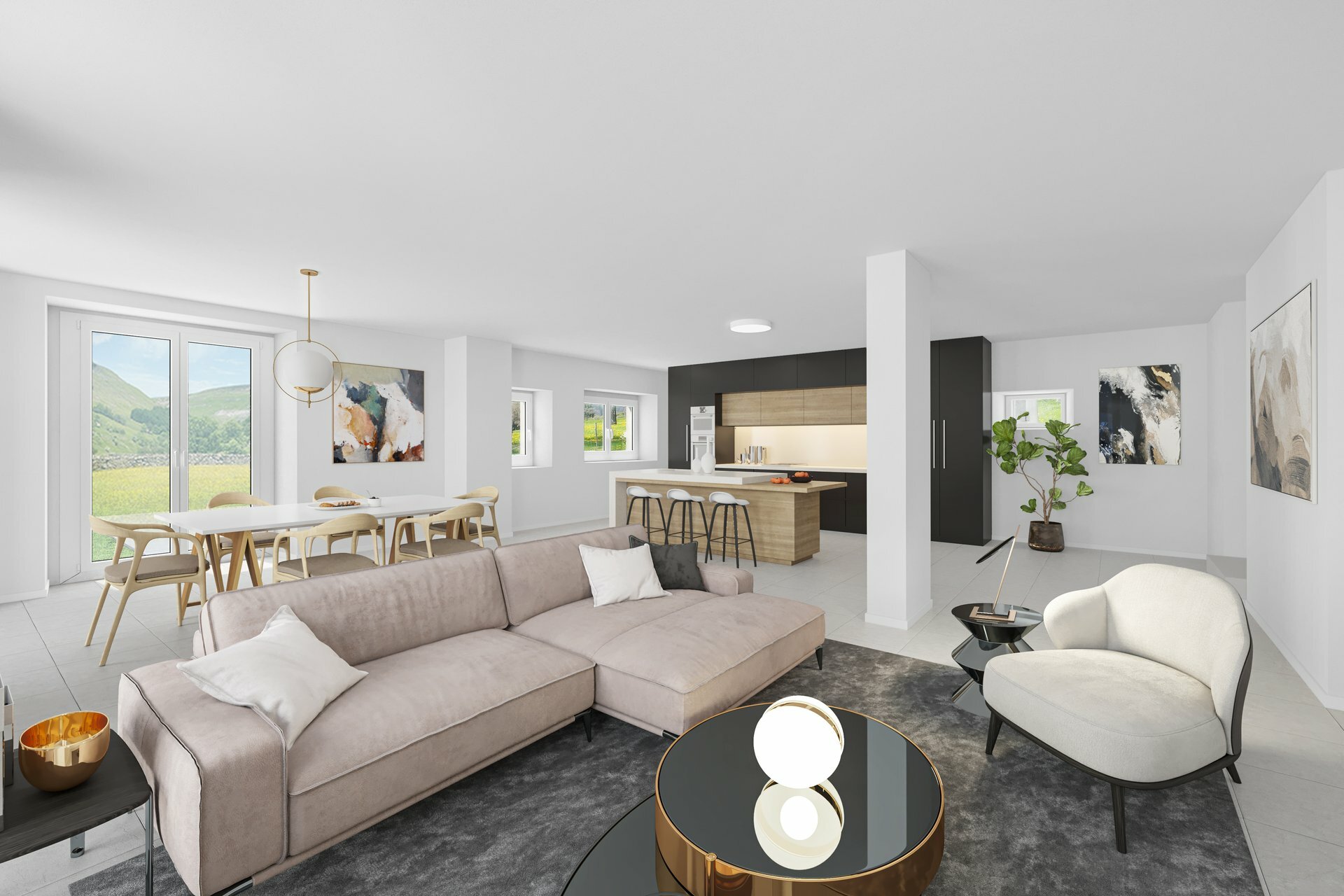 Home staging - Très grand espace salon, salle-à-manger / Après rénovation