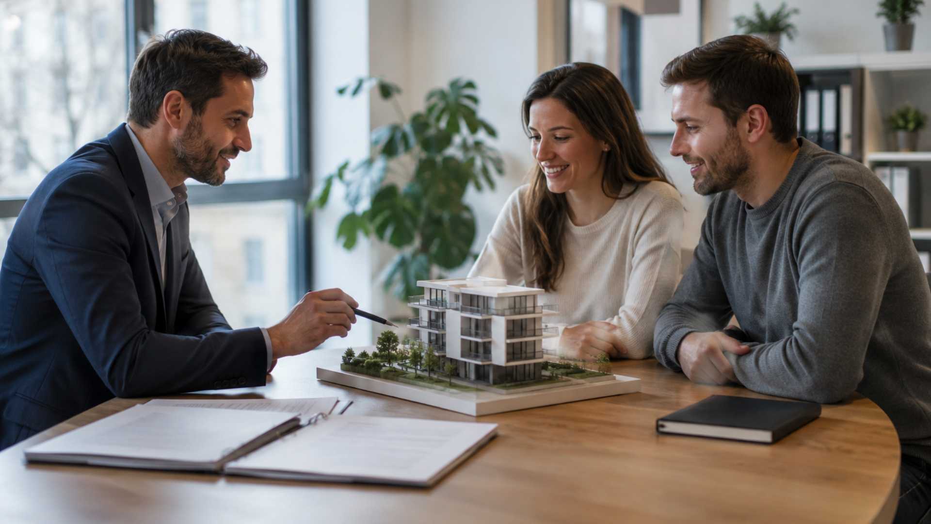 Ein Paar entdeckt gemeinsam mit einem Immobilienberater ein Immobilienprojekt im Baurecht anhand eines modernen Gebäudemodells.