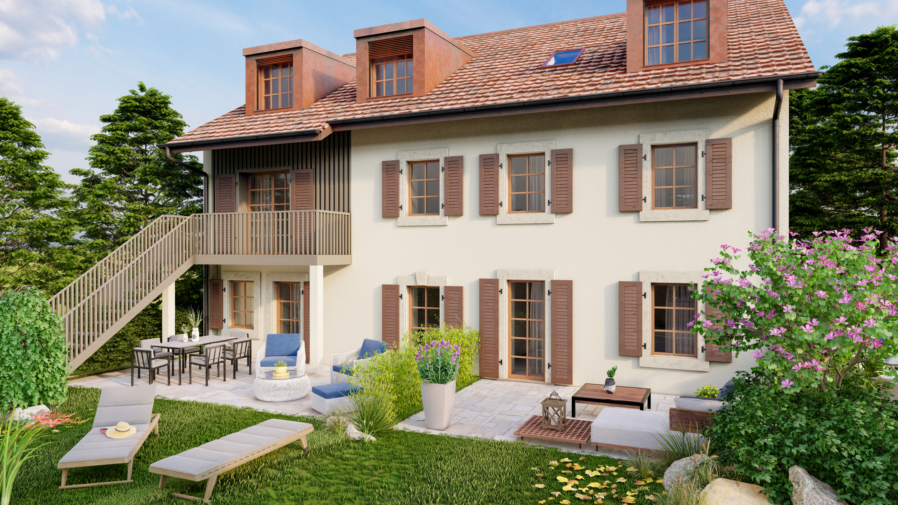Rénovation de deux maisons mitoyennes à vendre en pierre naturelle à Romanel : l'extérieur.