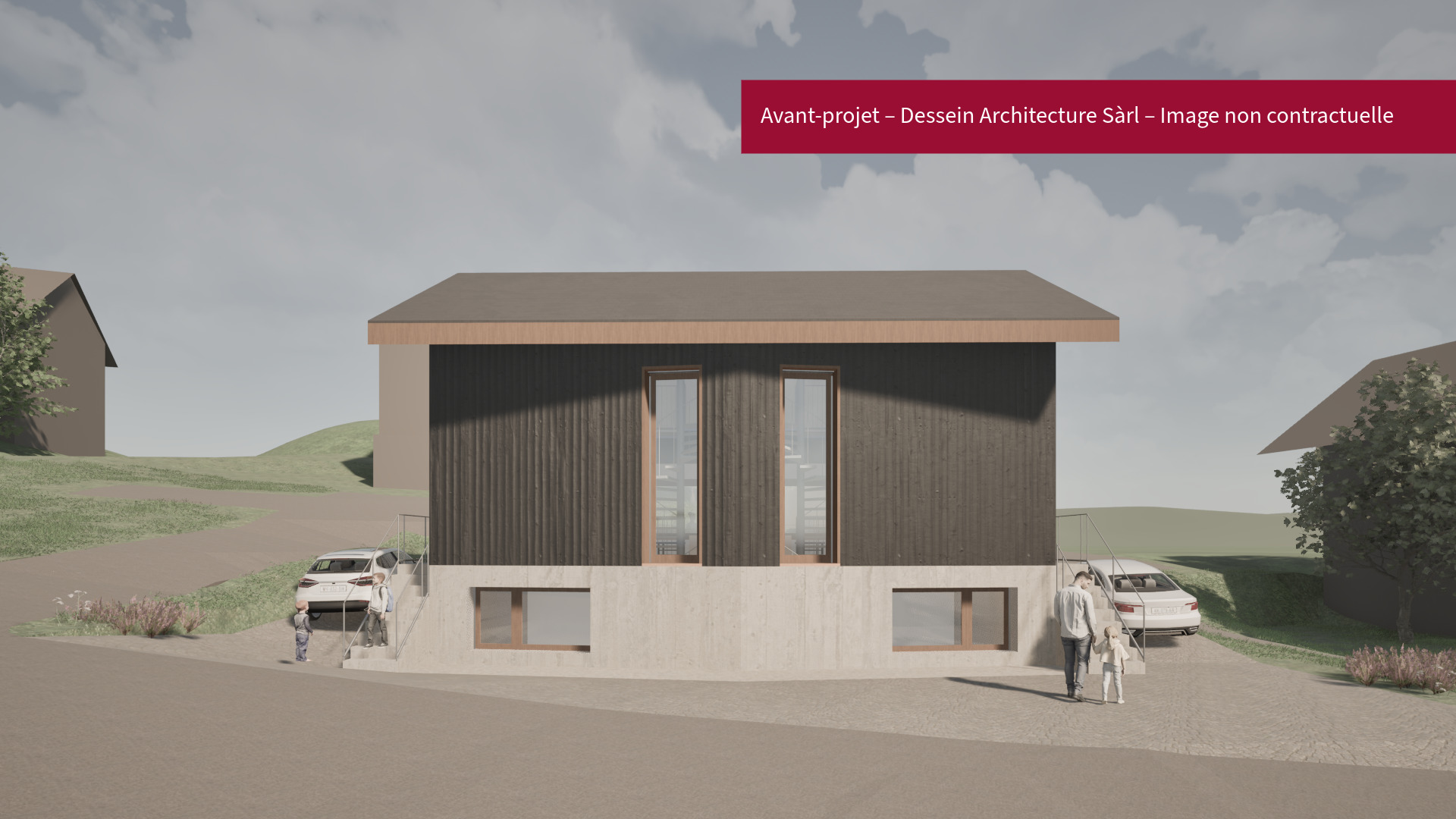 Images de synthèse – Avant-projet architectural (non soumis à permis). Droits d’auteur réservés – Dessein Architecture Sàrl.