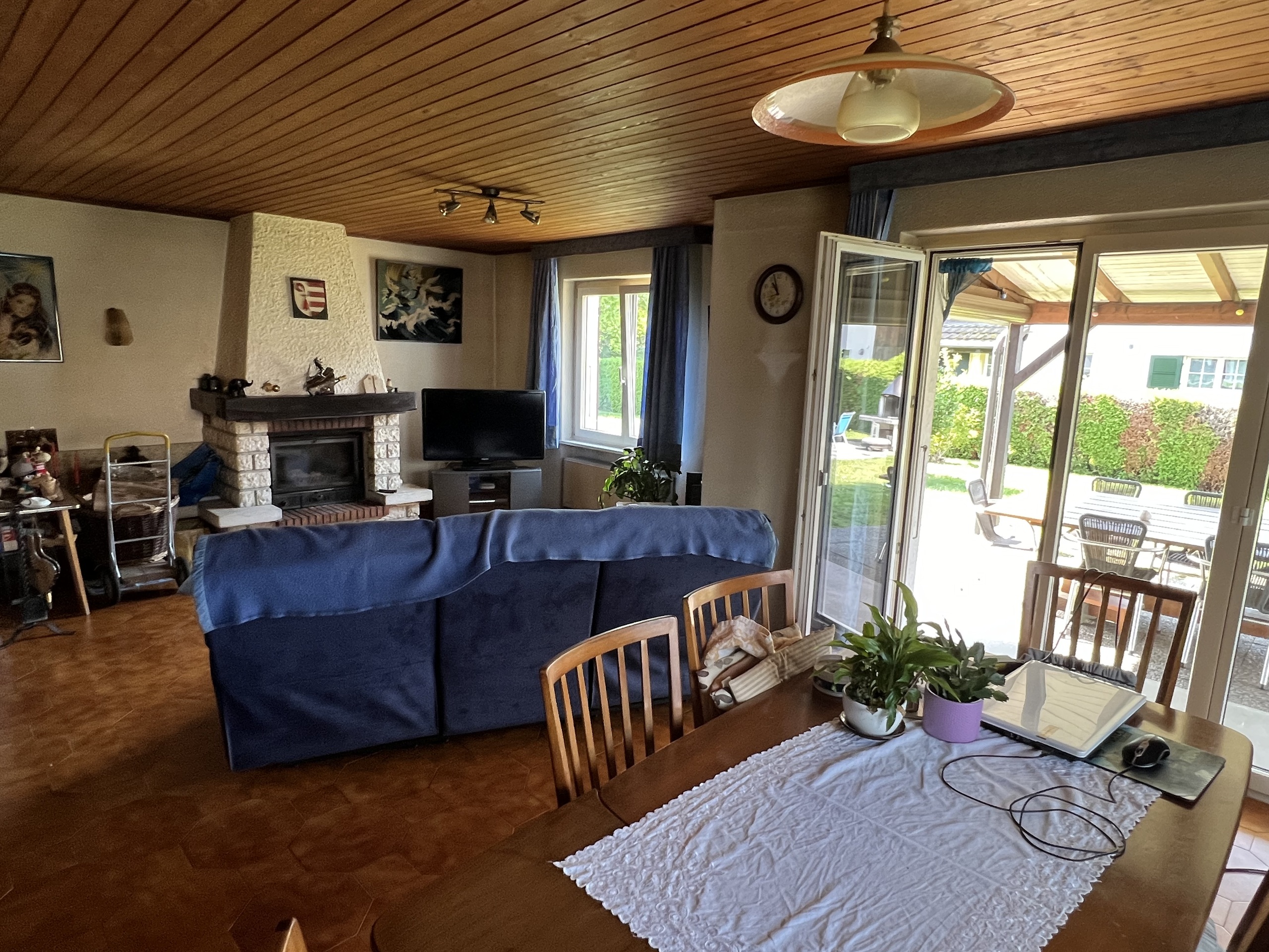 Living room with character fireplace