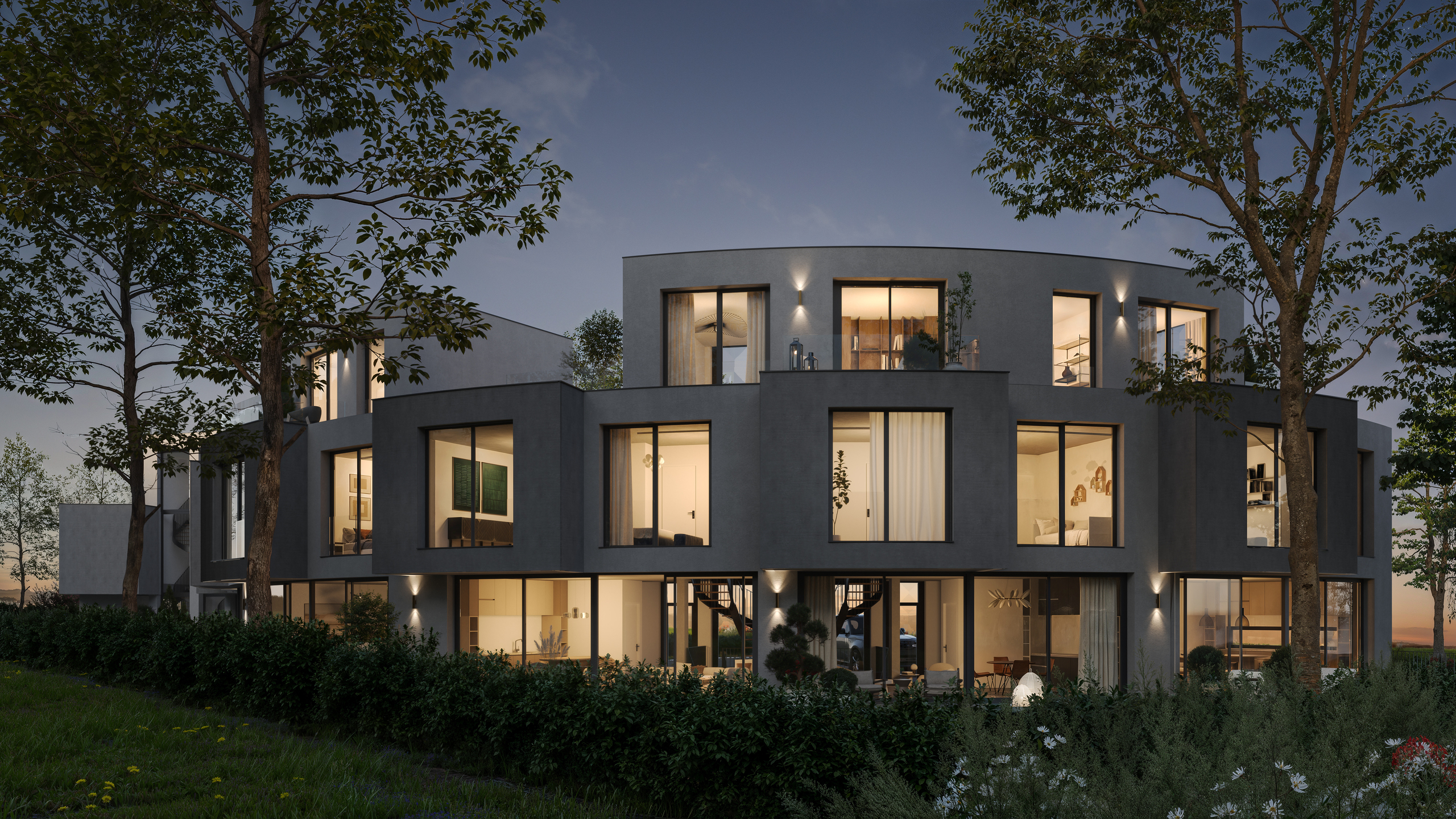 l'extérieur d'une maison moderne au crépuscule l'extérieur d'une maison moderne au crépuscule