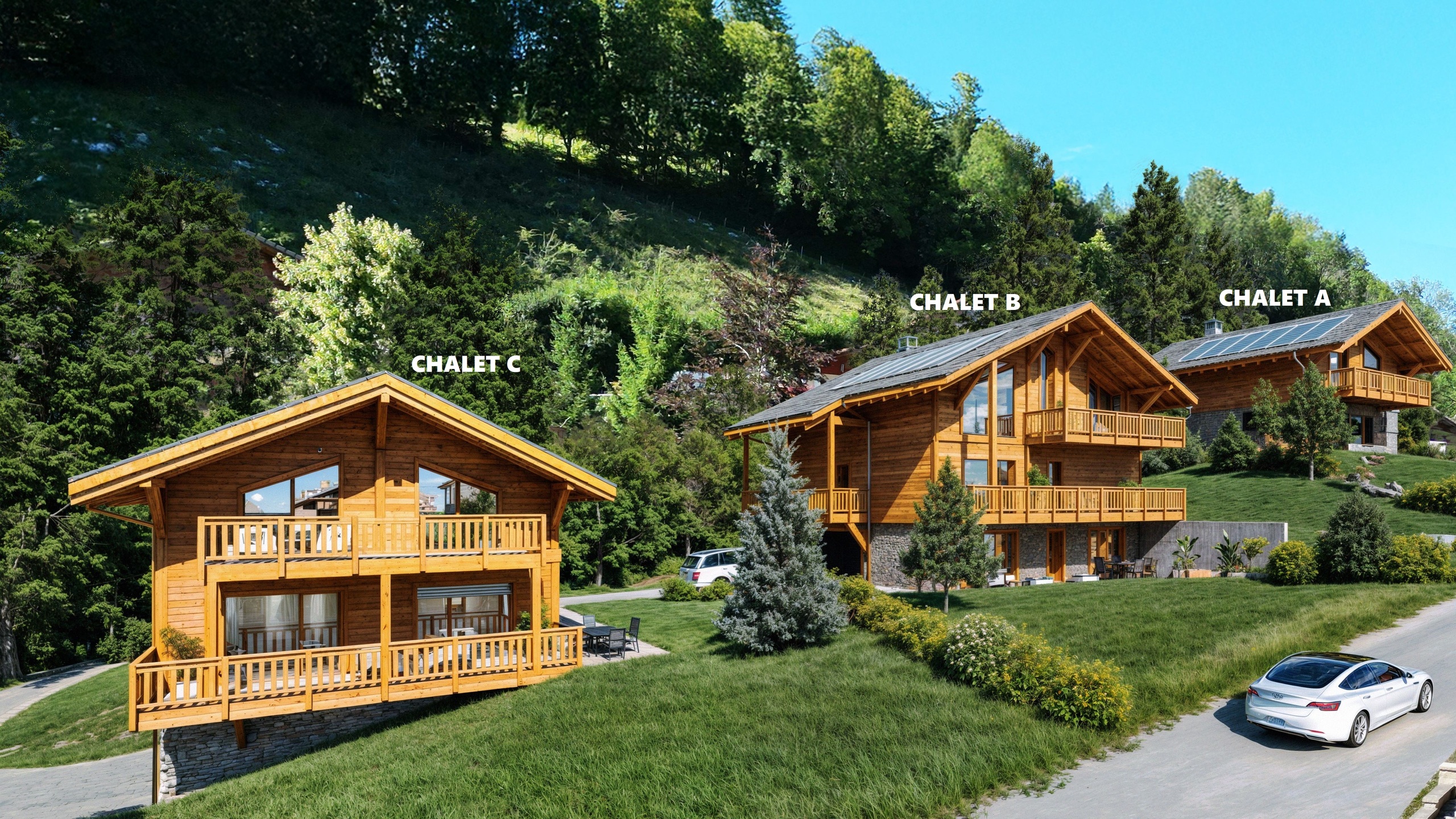 Vue d'ensemble des 3 chalets Vue d'ensemble des 3 chalets