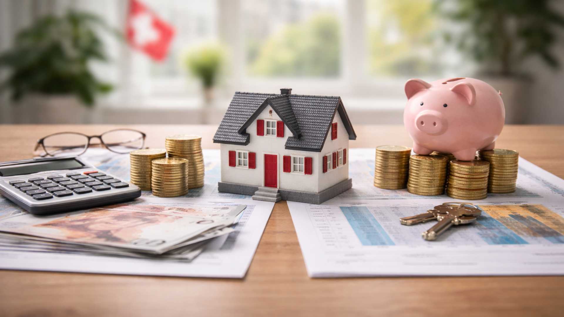 Maquette de maison entourée d’argent, illustrant le choix entre hypothèque SARON et taux fixe en Suisse.