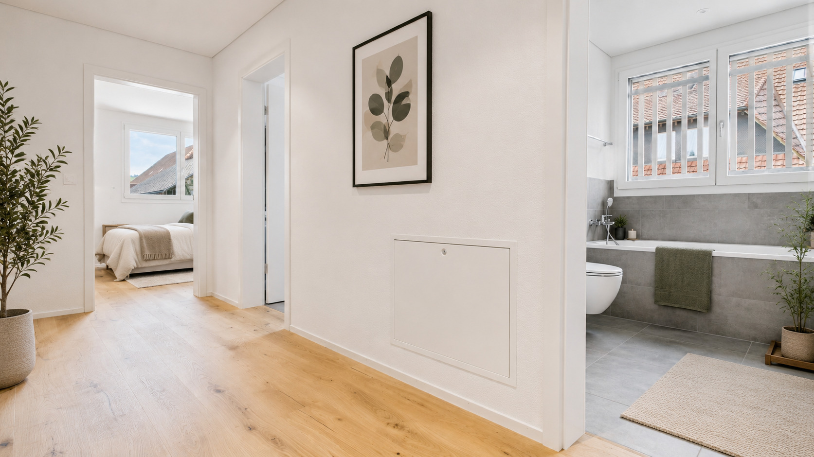 Vorplatz mit Blick ins Bad mit Badewanne und Schlafzimmer Vorplatz mit Blick ins Bad mit Badewanne und Schlafzimmer