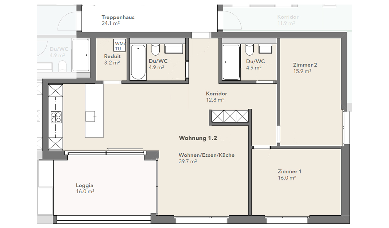 Der Grundriss der grosszügigen 3,5-Zimmer-Wohnung mit geschickt zonierten Wohnbereichen wird Sie begeistern!