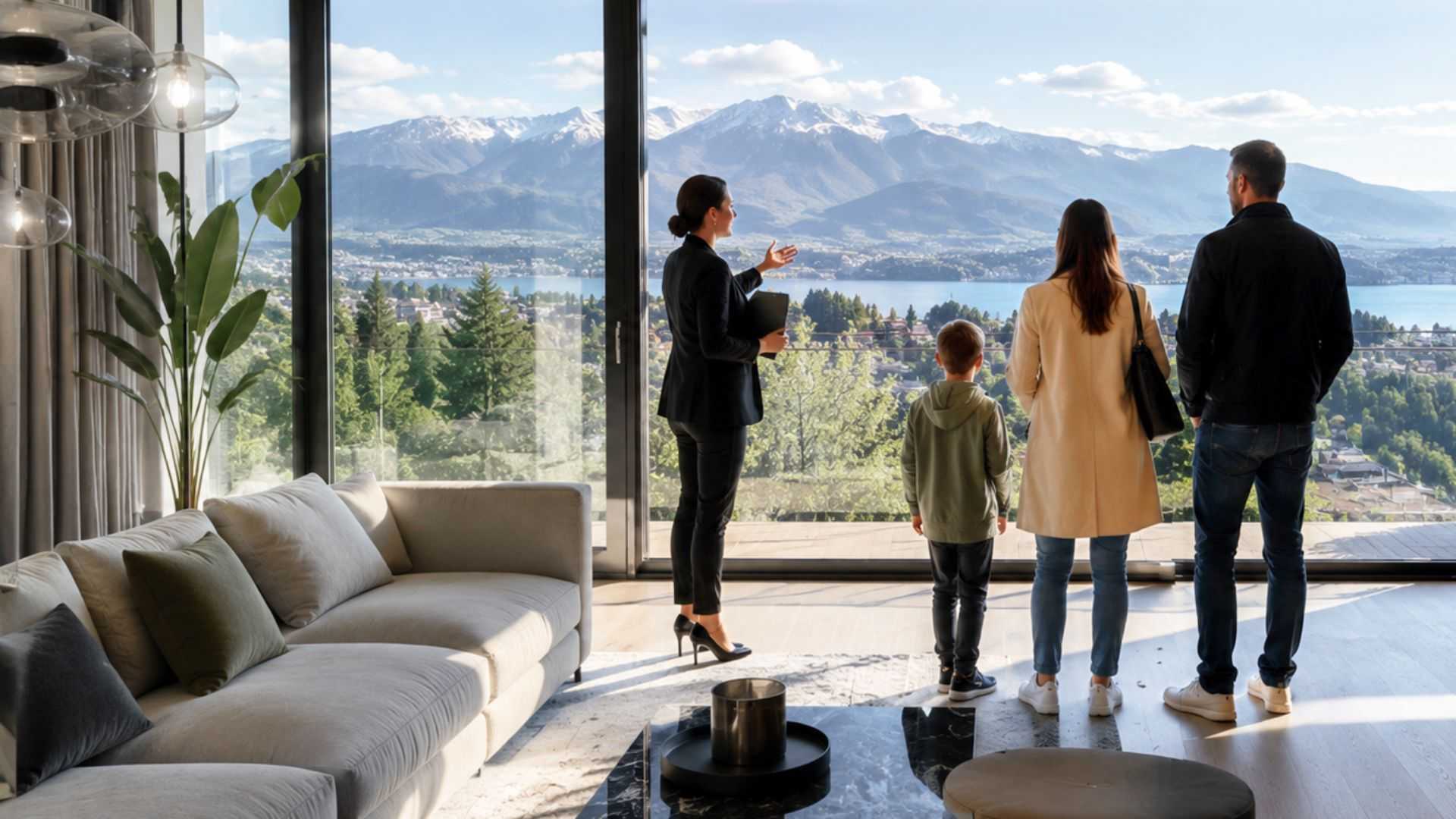 Une agente immobilière présente une maison lumineuse à une famille lors d'une visite, avec une vue panoramique sur les montagnes.