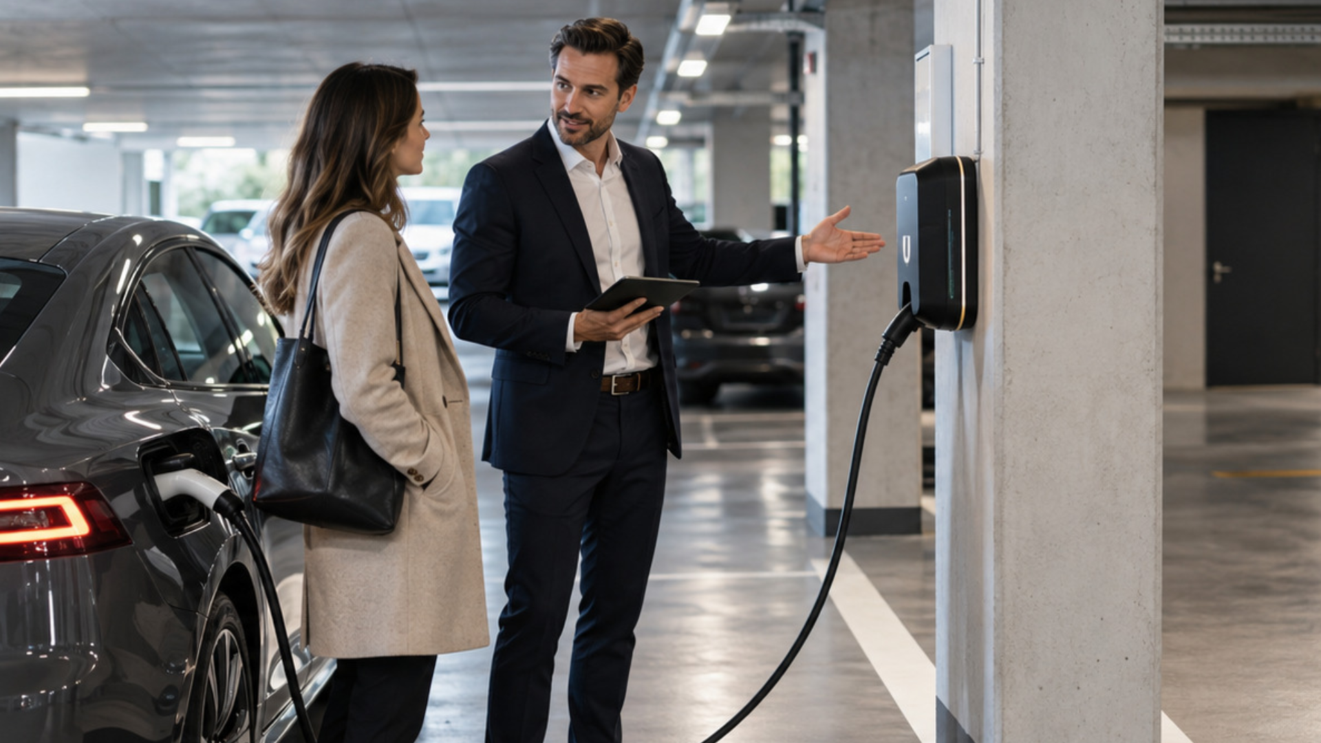 Frau und Mann stehen in einer Tiefgarage neben einem angeschlossenen Elektroauto und betrachten eine Ladestation an der Wand.