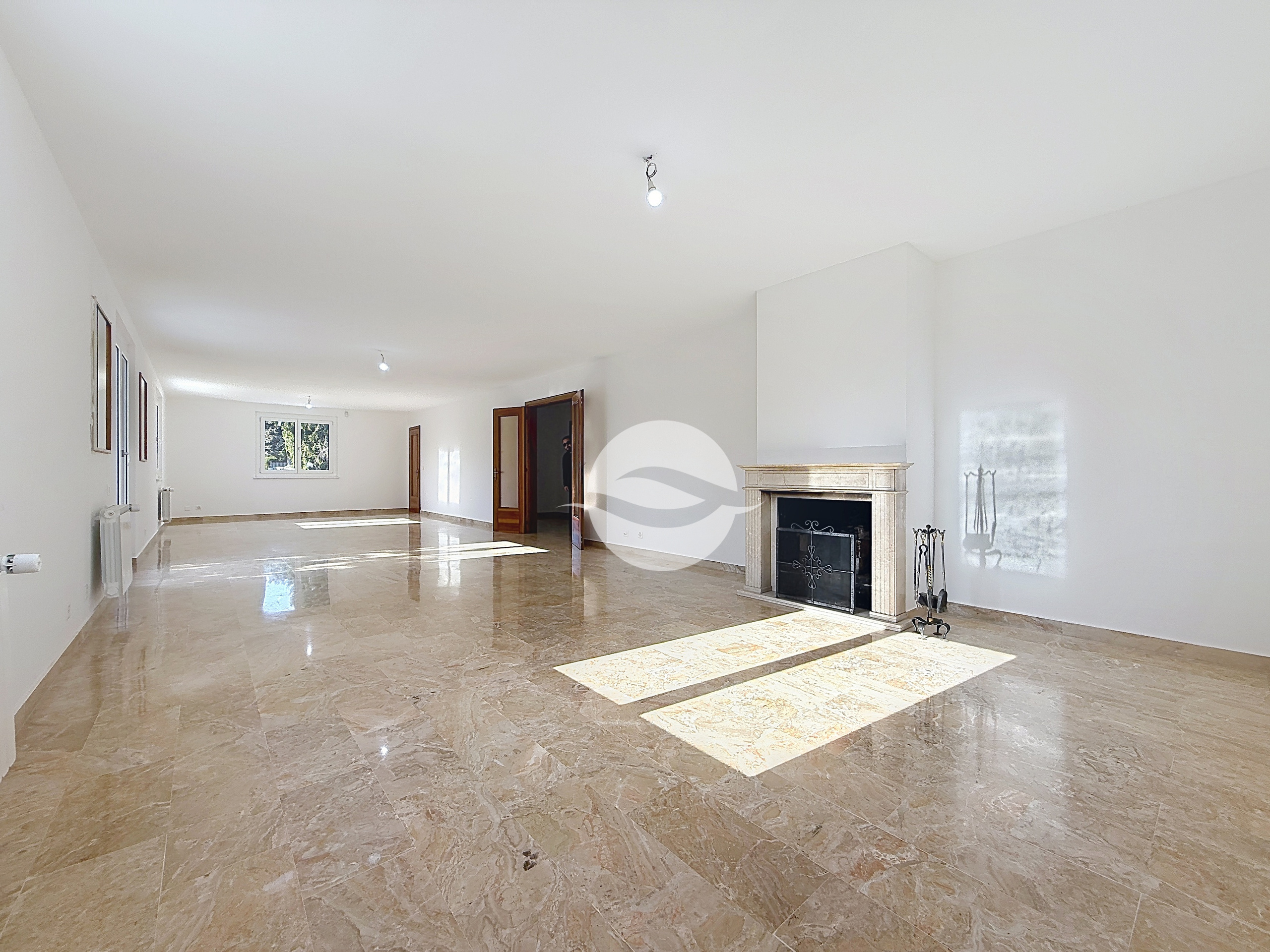 Pièce de vie avec cheminée et accès extérieur