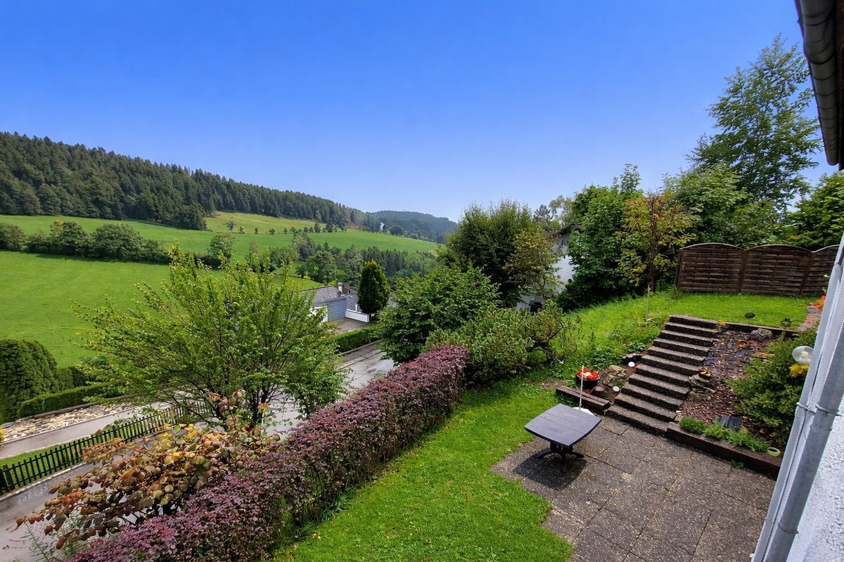 Vue du jardin avec pelouse et escaliers menant à une terrasse.