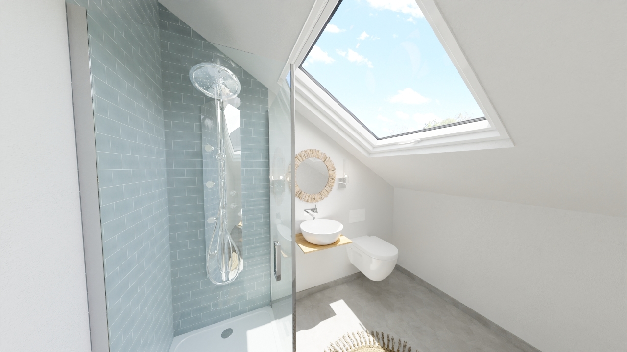 une petite salle de bains avec une lucarne, des toilettes blanches et une douche aux murs bleus une petite salle de bains avec une lucarne, des toilettes blanches et une douche aux murs bleus