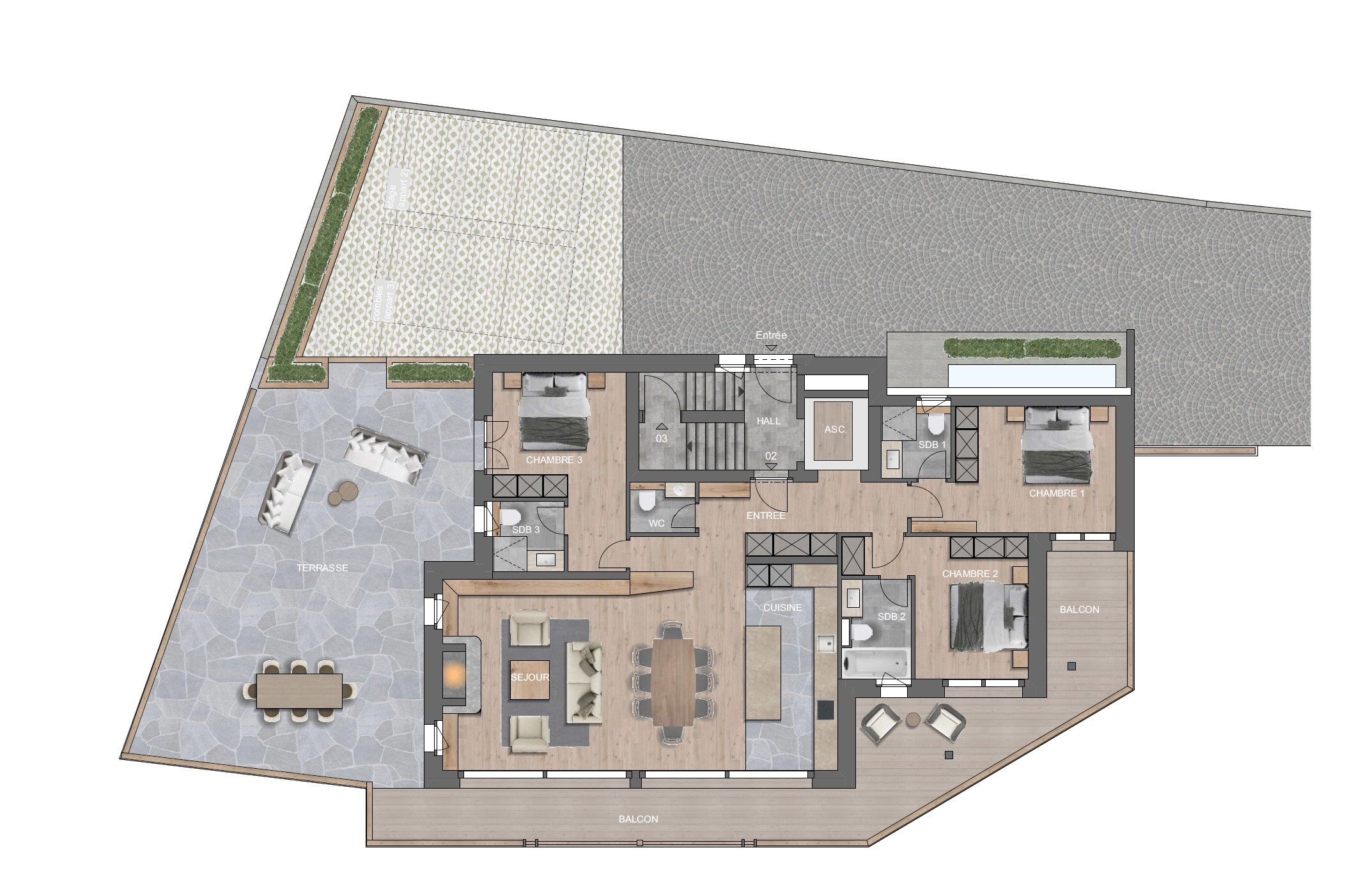 Plan du niveau principal avec terrasse – Appartement Gentianes Duplex Combles - Verbier Plan du niveau principal avec terrasse – Appartement Gentianes Duplex Combles - Verbier