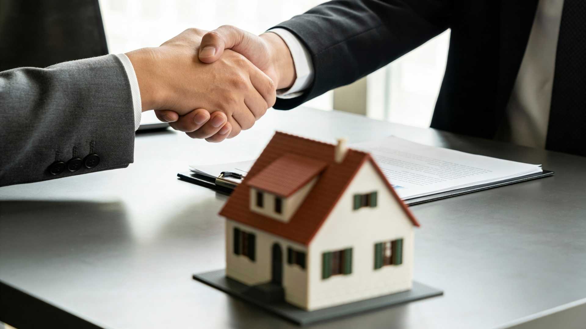 Deux personnes en tenue professionnelle se serrant la main au-dessus d’un bureau, avec une maquette de maison au premier plan, symbolisant un accord hypothécaire ou immobilier.