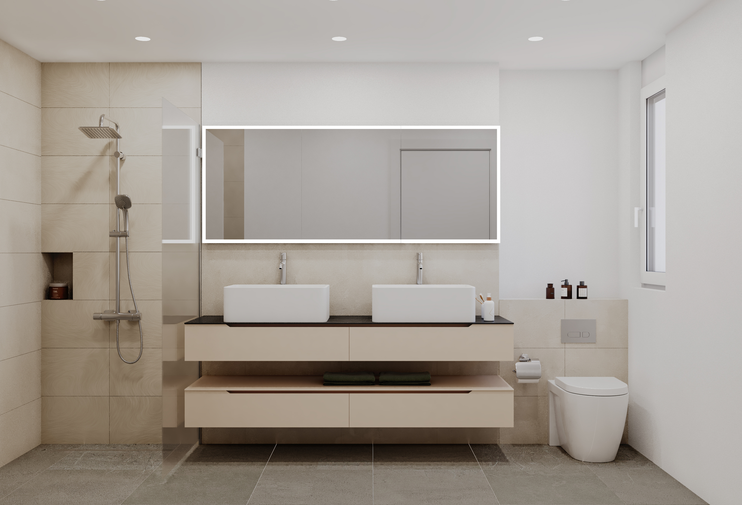 Badezimmer mit Dusche, Doppellavabo und WC Badezimmer mit Dusche, Doppellavabo und WC