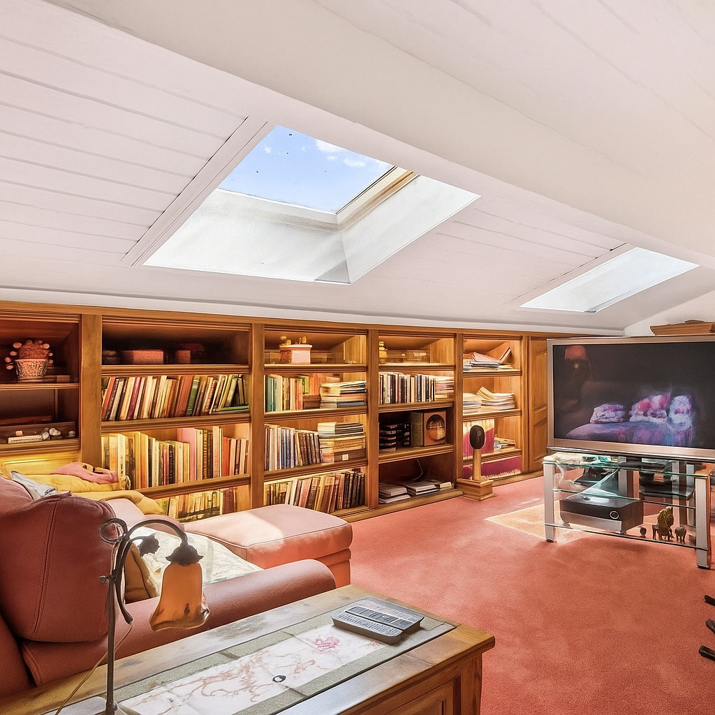 Grand bureau avec large bibliothèque, coin TV et système sono - home staging Grand bureau avec large bibliothèque, coin TV et système sono - home staging