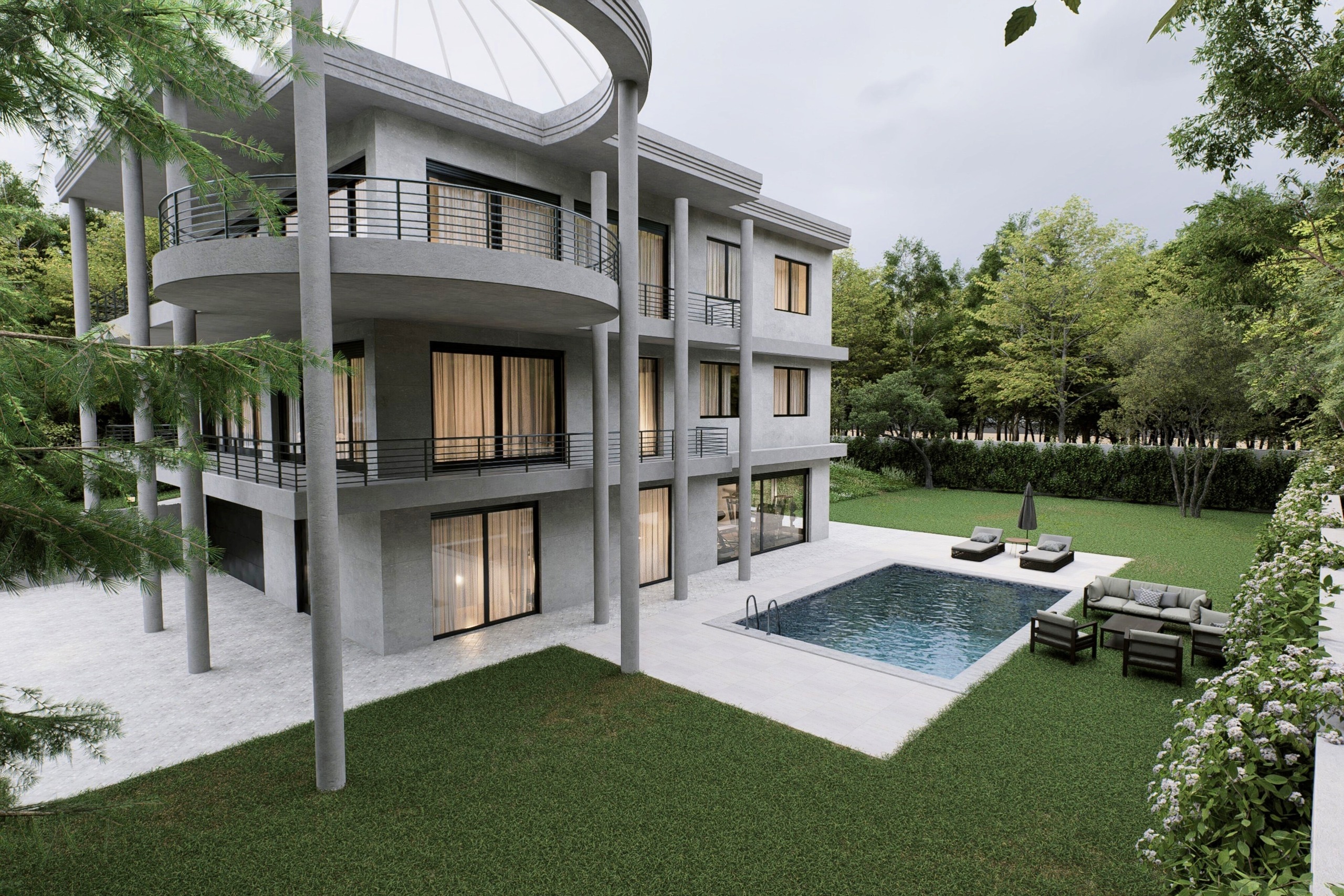 photo d'une maison moderne avec un grand jardin et une piscine dans l'arrière-cour