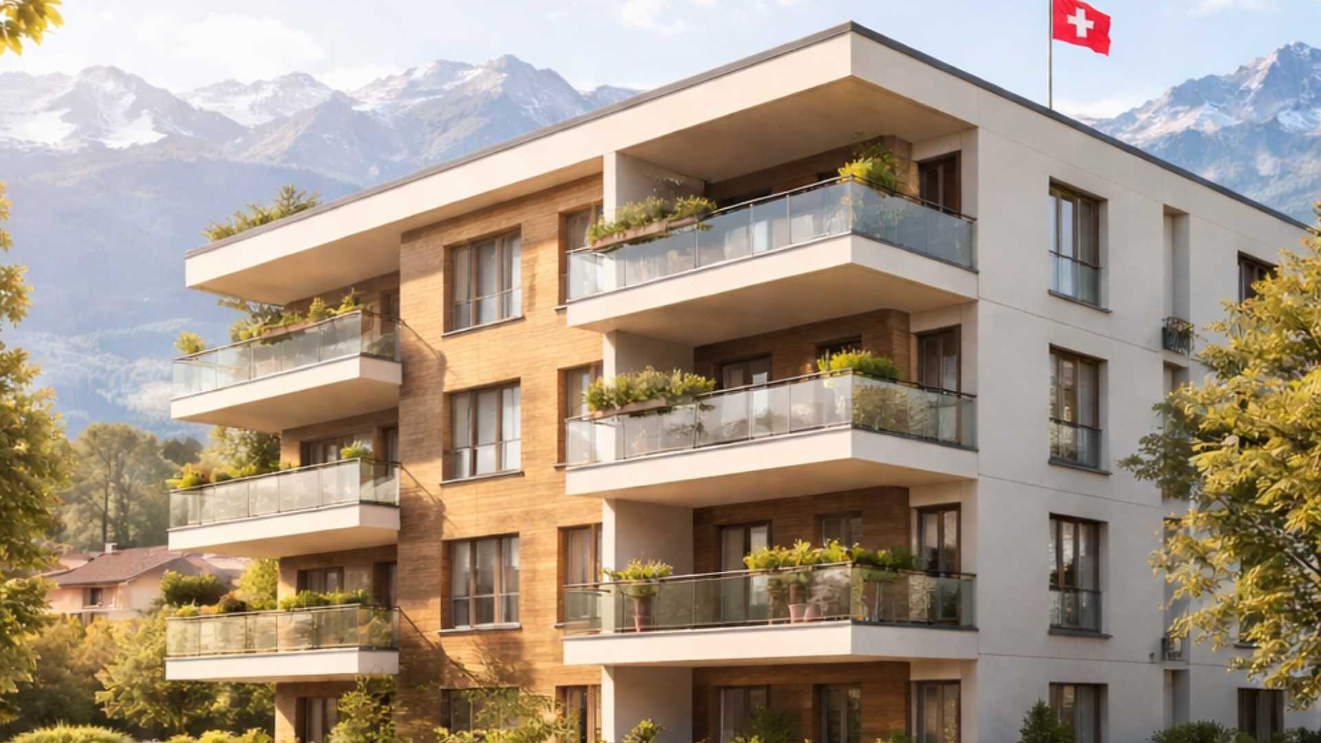 Immeuble résidentiel moderne en Suisse avec balcons fleuris, entouré de verdure et de montagnes alpines en arrière-plan, symbolisant l’accession à la propriété en PPE.