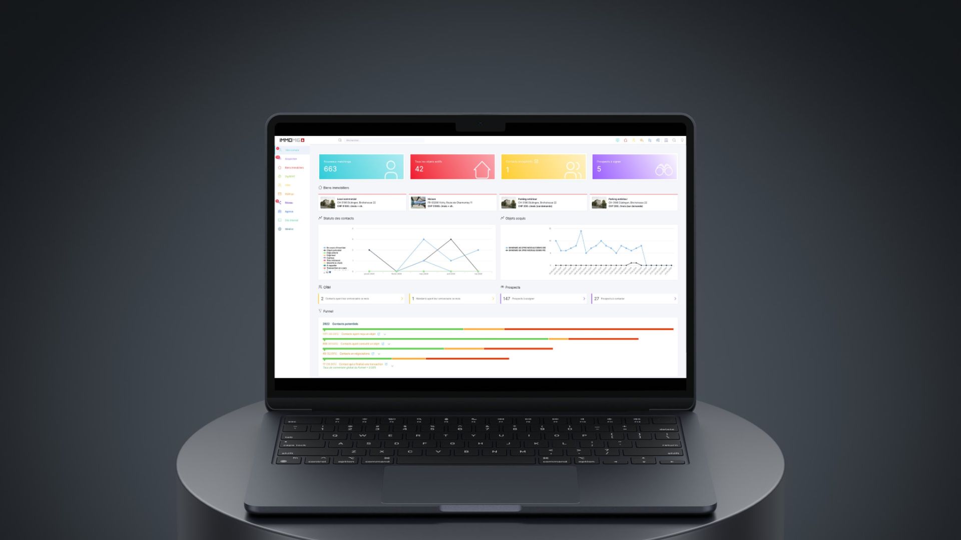 Preview of the new Immomig® X dashboard on a laptop, real estate management and marketing software designed for property professionals.