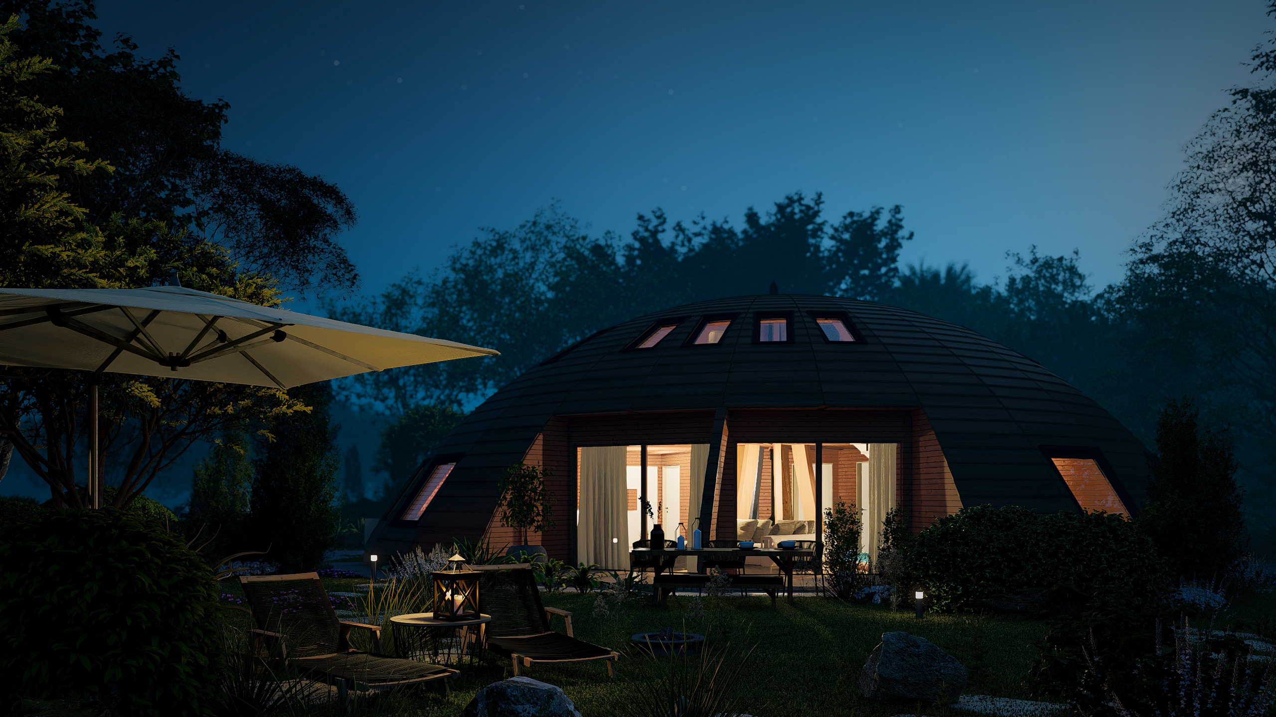 Projet immobilier à Villarimboud avec 2 maisons Domespace à vendre : l'extérieur de nuit.