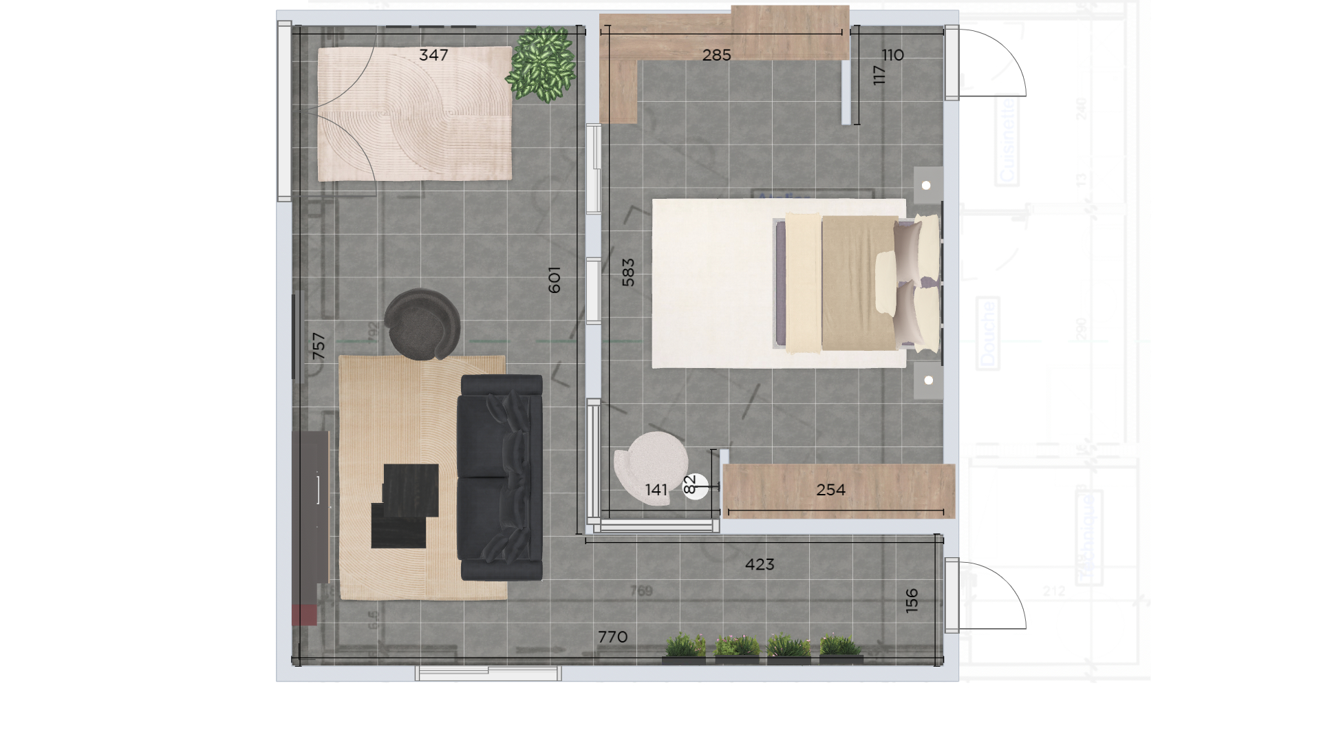 3D layout of a bedroom behind the living room