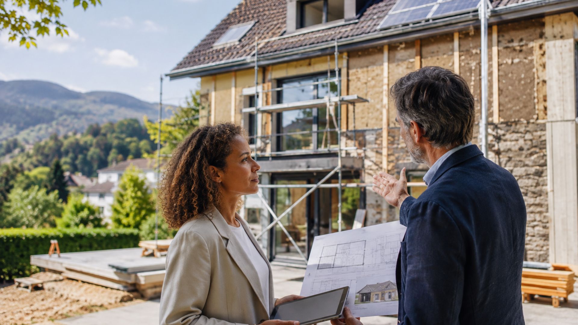 Proprietaria e architetto discutono di un progetto di ristrutturazione energetica di una casa in Svizzera.