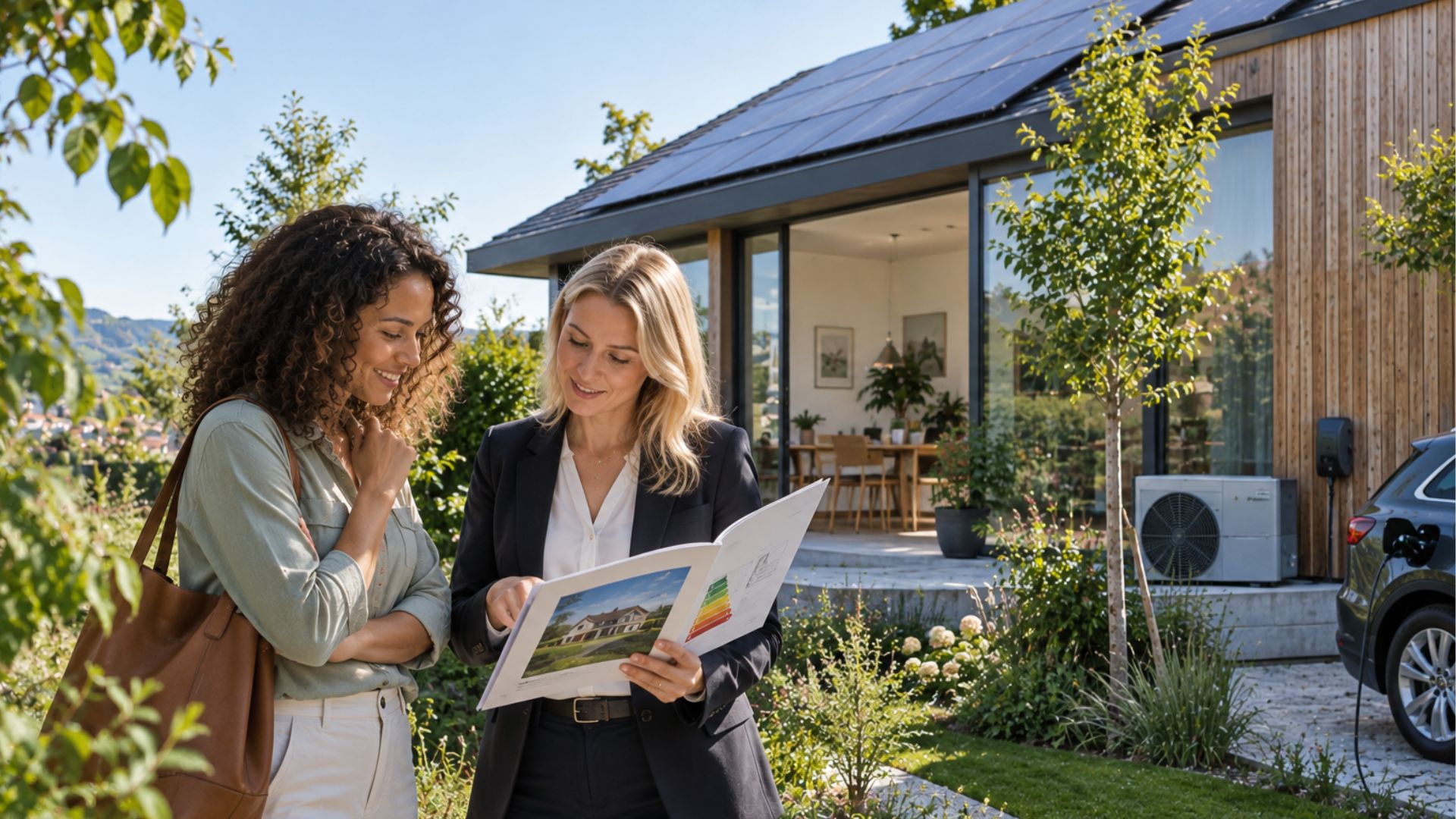 Deux femmes consultent un dossier énergétique devant une maison moderne équipée de panneaux solaires, d’une pompe à chaleur et d’une borne de recharge pour voiture électrique.